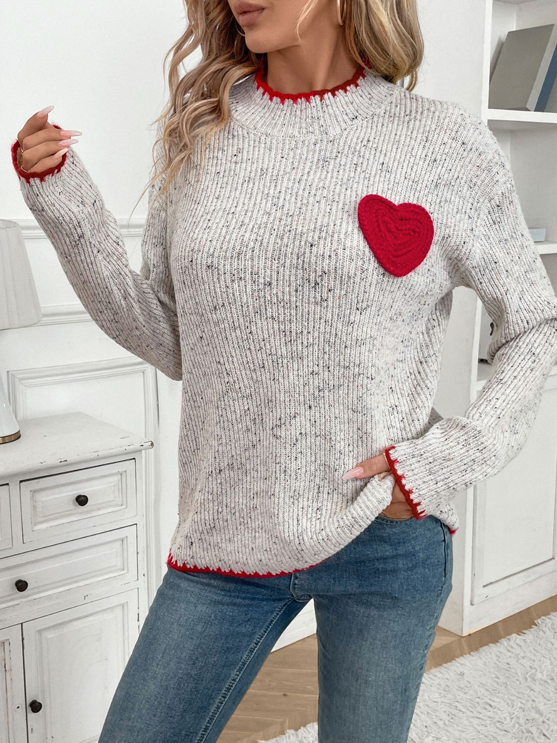 Perfee Contrast Heart Round Neck Long Sleeve Sweater-TOPS / DRESSES-[Adult]-[Female]-2022 Online Blue Zone Planet