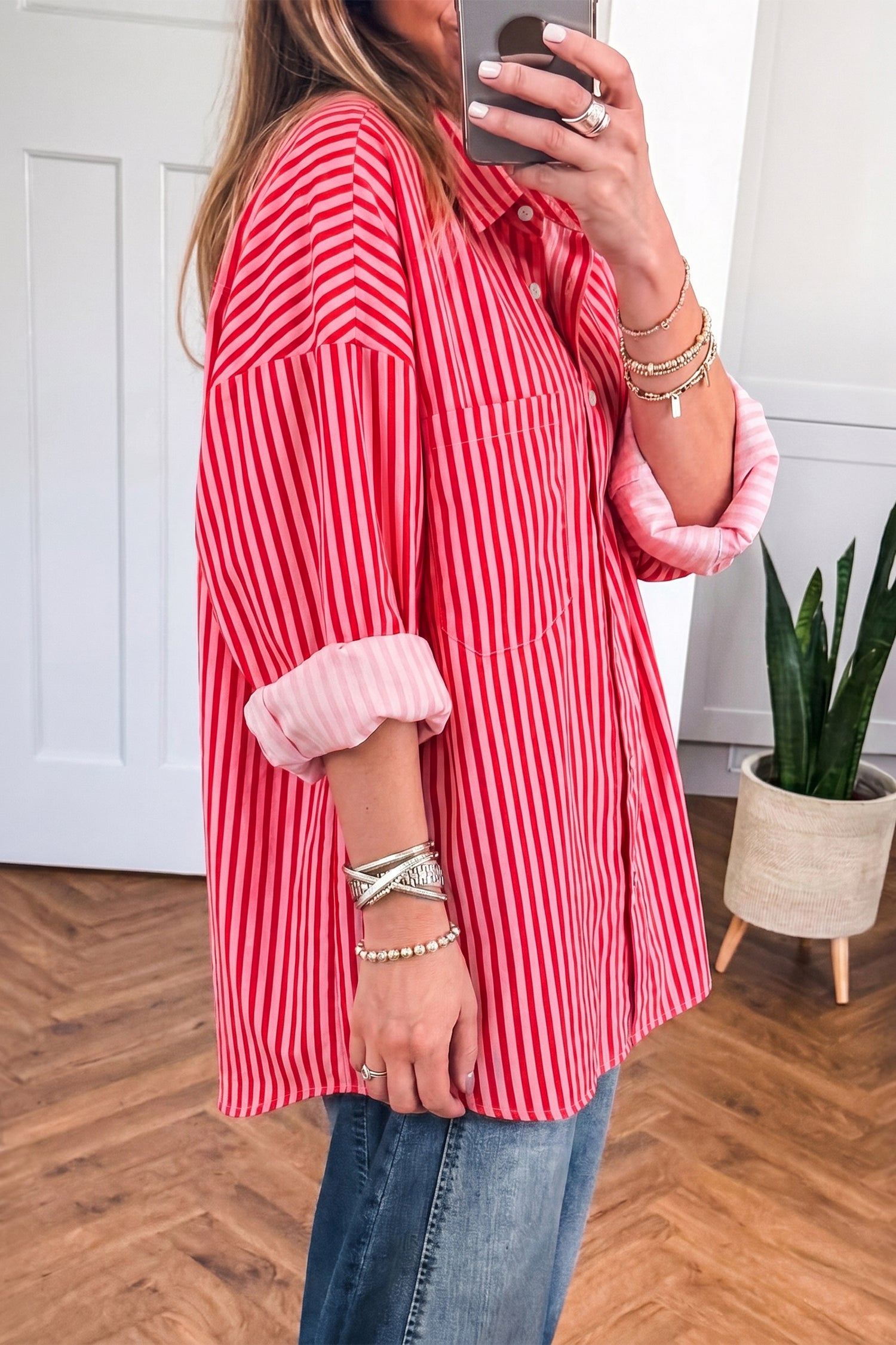 Red Stripe Button-Up Shirt Long Sleeve Patch Pocket Casual Shirt-Tops/Blouses & Shirts-[Adult]-[Female]-2022 Online Blue Zone Planet