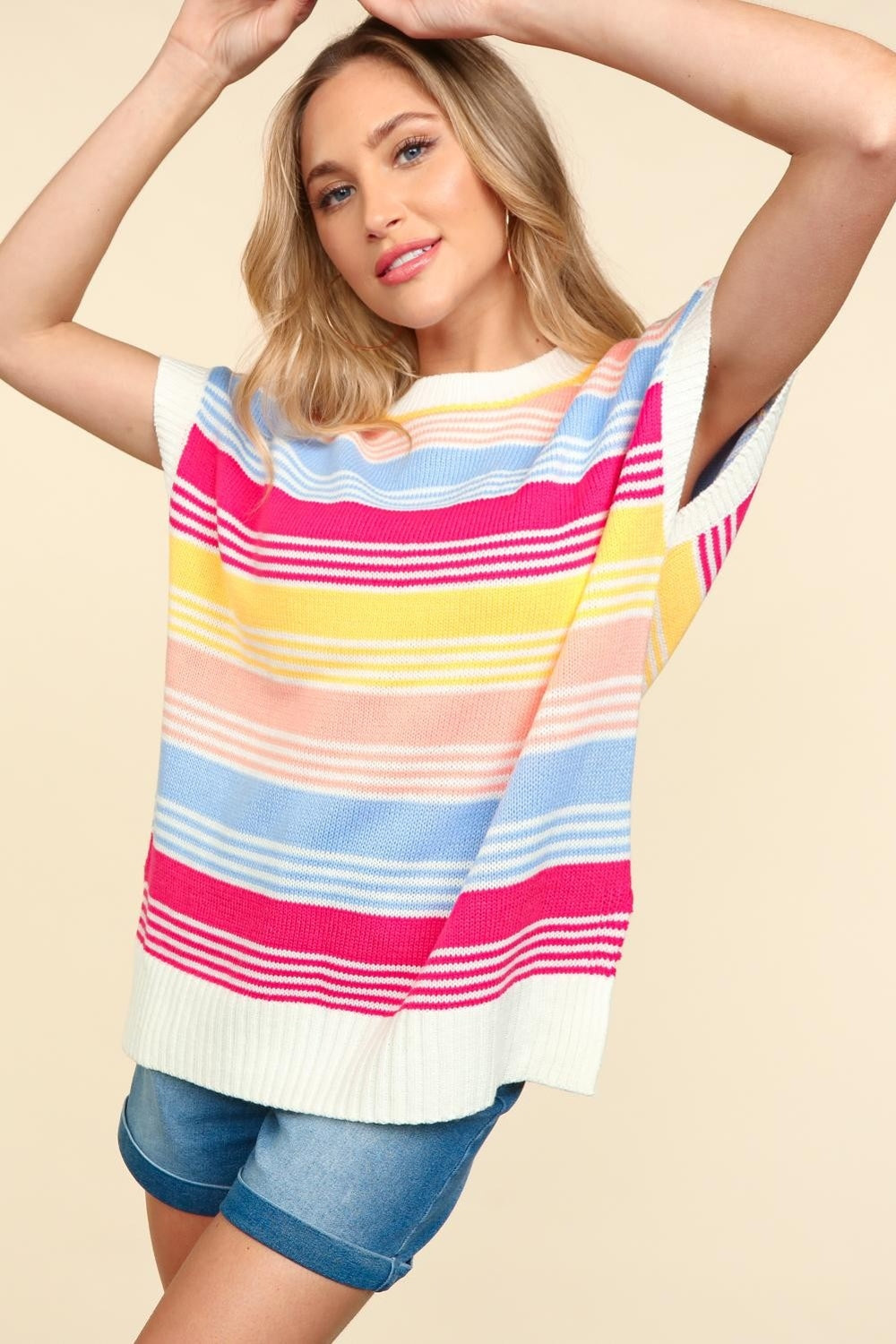 Haptics Striped Side Slit Short Sleeve Knit Top-TOPS / DRESSES-[Adult]-[Female]-2022 Online Blue Zone Planet