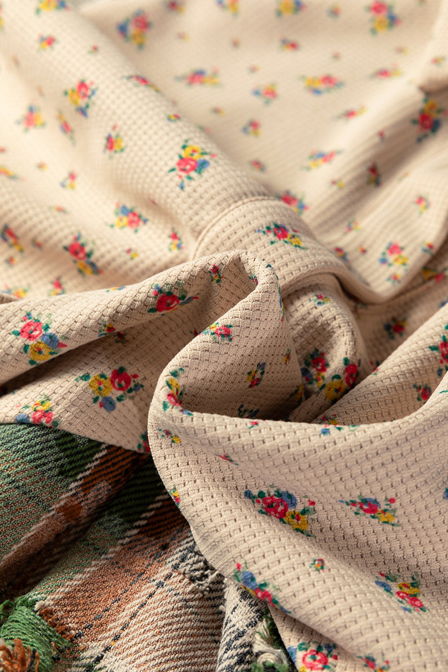 Mist Green Boho Floral Plaid Patchwork Distressed Detail Ruffled Sleeve Waffle Knit Shacket-Outerwear/Plaid Shackets-[Adult]-[Female]-2022 Online Blue Zone Planet