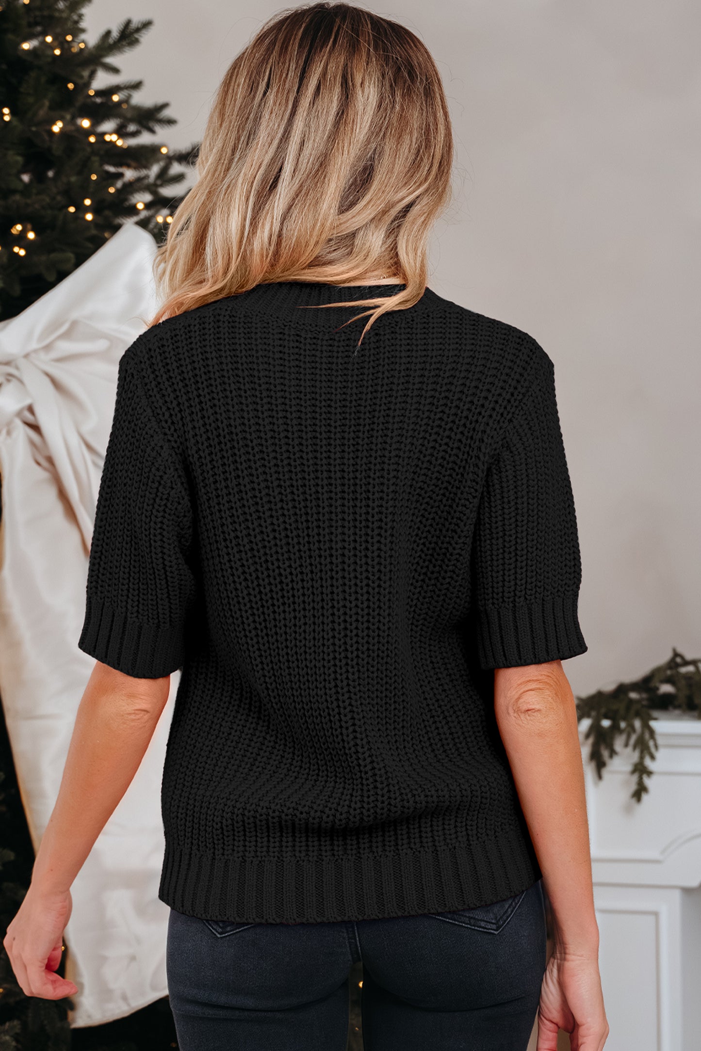 Black Plaid Lace up Detail Christmas Holiday Puff Short Sleeve Sweater-Sweaters & Cardigans/Short Sleeve Sweaters-[Adult]-[Female]-2022 Online Blue Zone Planet