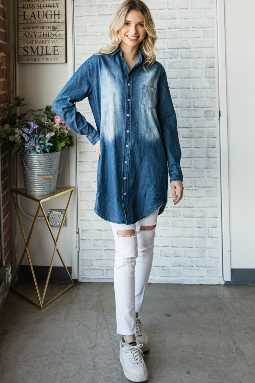 Blue Zone Planet | Veveret Pocketed Button Up Washed Denim Shirt-TOPS / DRESSES-[Adult]-[Female]-2022 Online Blue Zone Planet