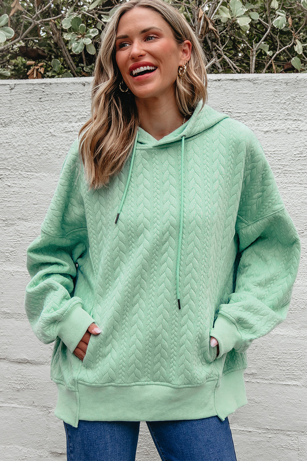 Moonlight Jade Cable Textured Baggy Solid Hoodie-Tops/Sweatshirts & Hoodies-[Adult]-[Female]-2022 Online Blue Zone Planet