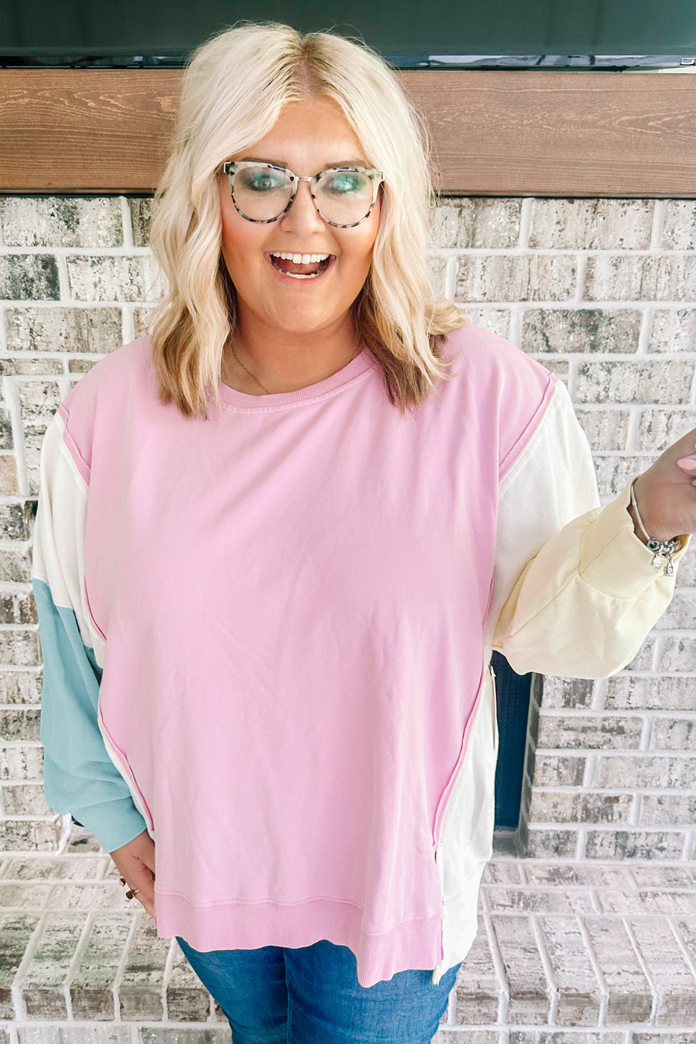 Pink Colorblock Patchwork Drop Shoulder Plus Size Sweatshirt-Plus Size/Plus Size Sweatshirts & Hoodies-[Adult]-[Female]-2022 Online Blue Zone Planet