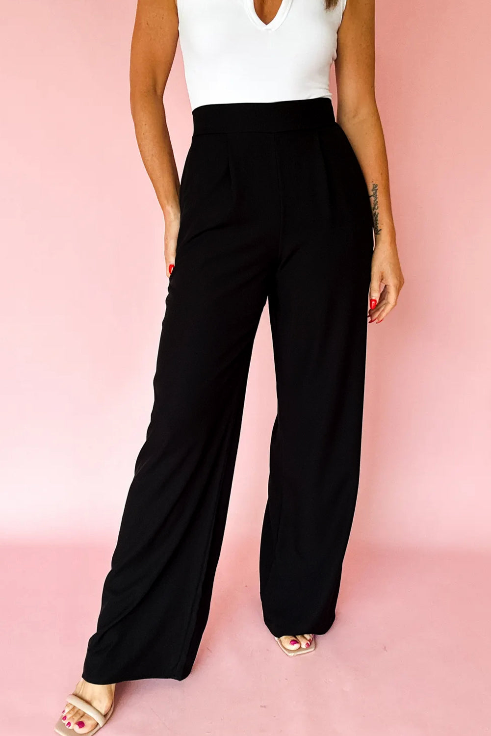 Black Pleated Detail Pull On High Elastic Waist Loose Straight Pants-Bottoms/Pants & Culotte-[Adult]-[Female]-2022 Online Blue Zone Planet
