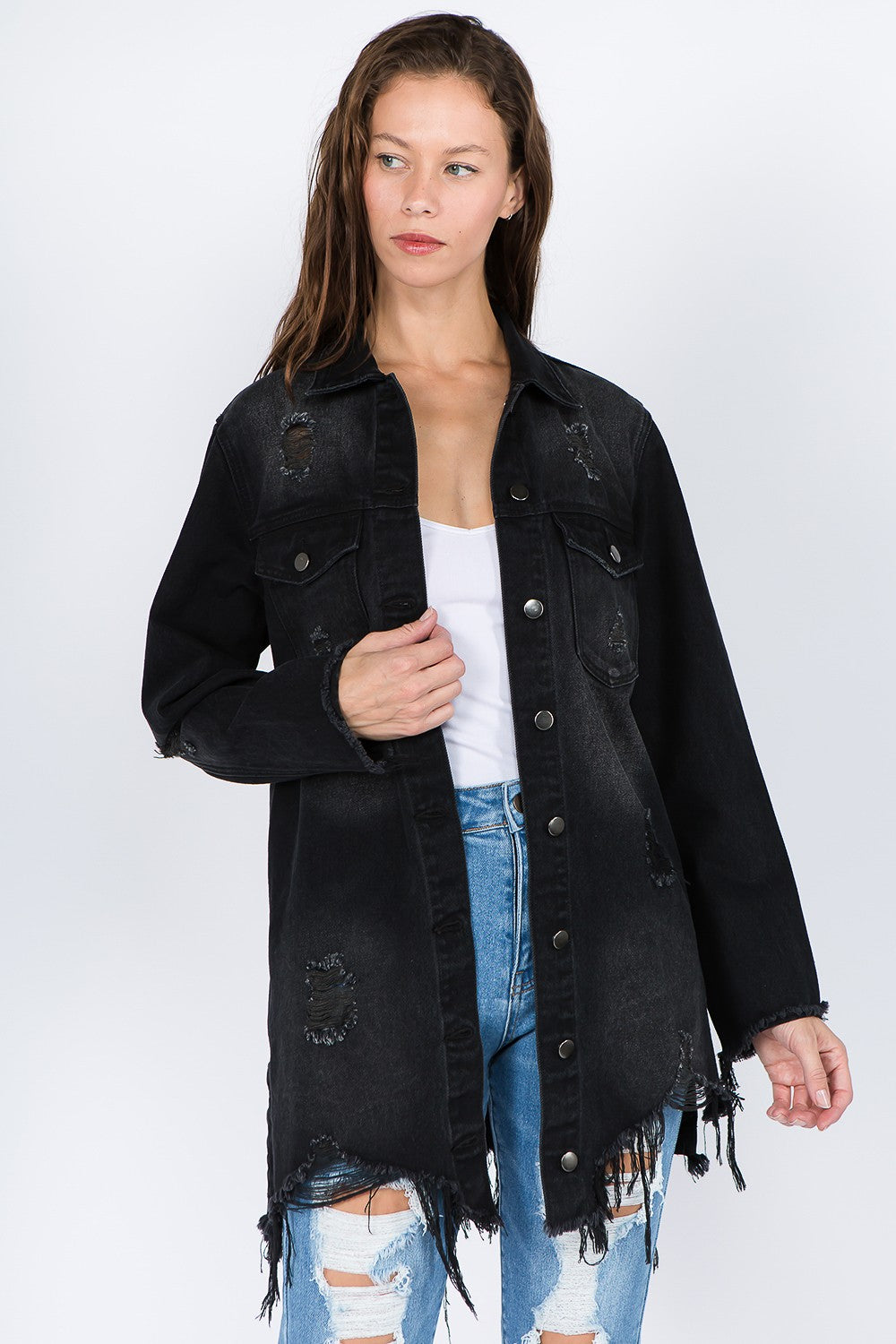 American Bazi Distressed Frayed Hem Denim Jacket-TOPS / DRESSES-[Adult]-[Female]-Black-S-2022 Online Blue Zone Planet