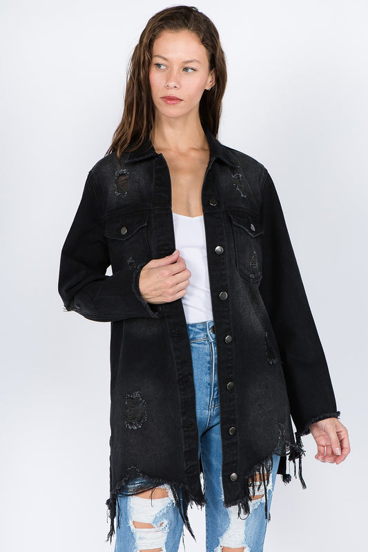 American Bazi Distressed Frayed Hem Denim Jacket-TOPS / DRESSES-[Adult]-[Female]-Black-S-2022 Online Blue Zone Planet