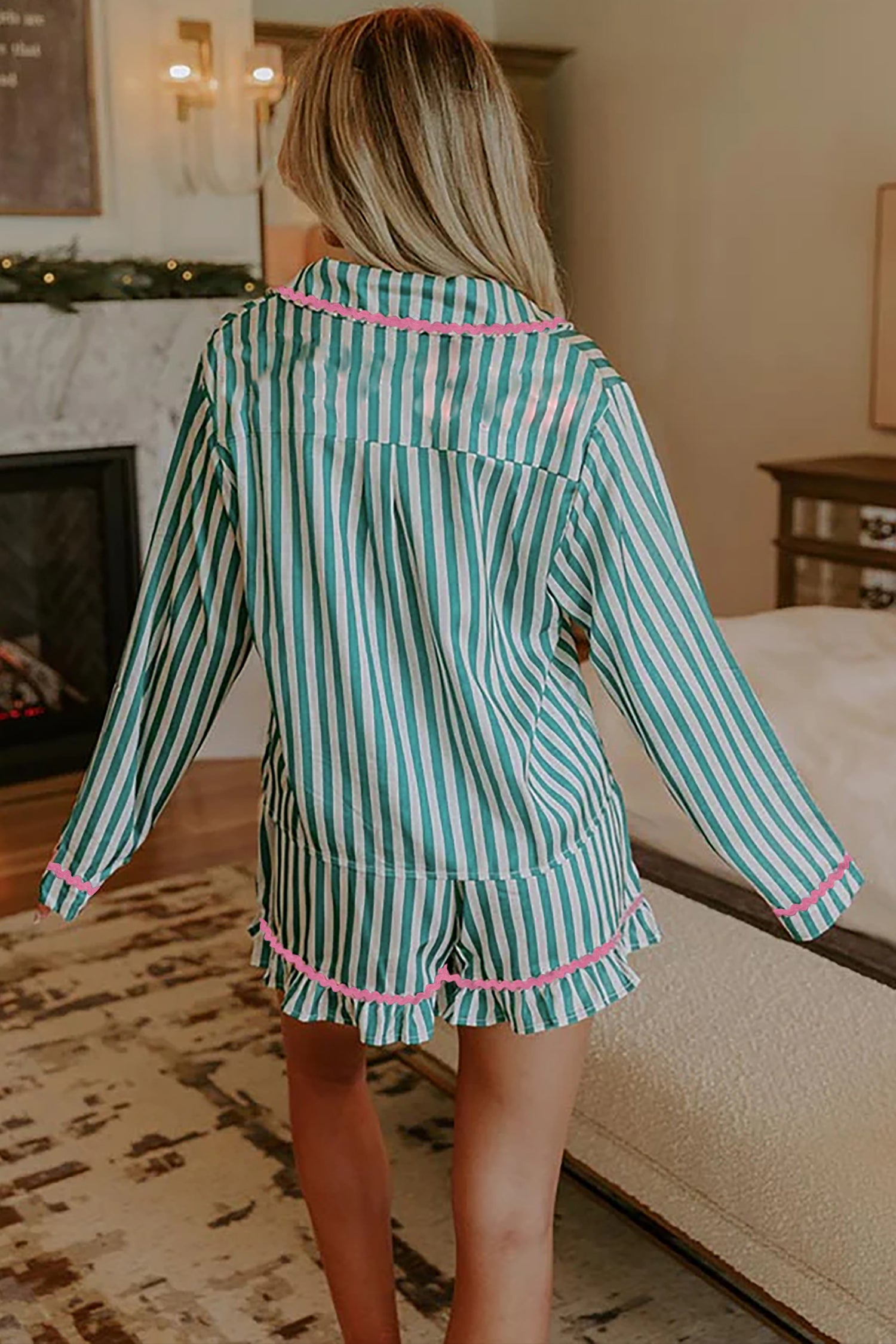 Green Stripe Contrast Ricrac Trim Long Sleeve Shirt Drawstring Ruffled Pajama Short Set-Loungewear & Sleepwear/Sleepwear-[Adult]-[Female]-2022 Online Blue Zone Planet