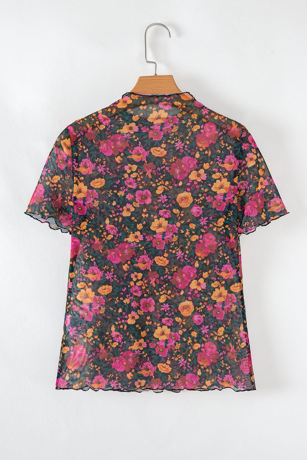 Rose Floral Print Mesh Stand Neck Short Sleeve Top-Tops/Tops & Tees-[Adult]-[Female]-2022 Online Blue Zone Planet