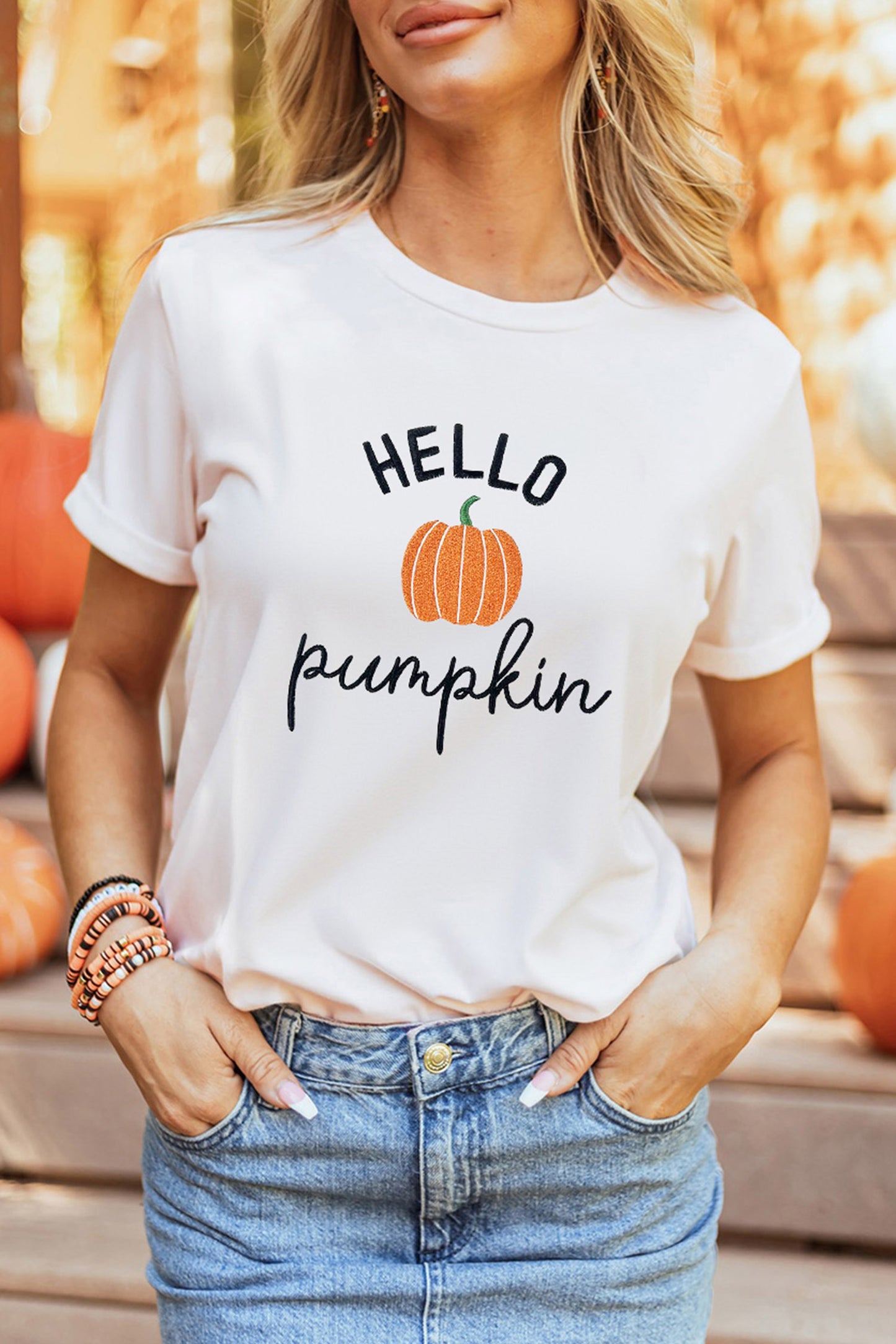 White Embroidered Pumpkin Slogan Short Sleeve T-Shirt-Graphic/Graphic Tees-[Adult]-[Female]-2022 Online Blue Zone Planet