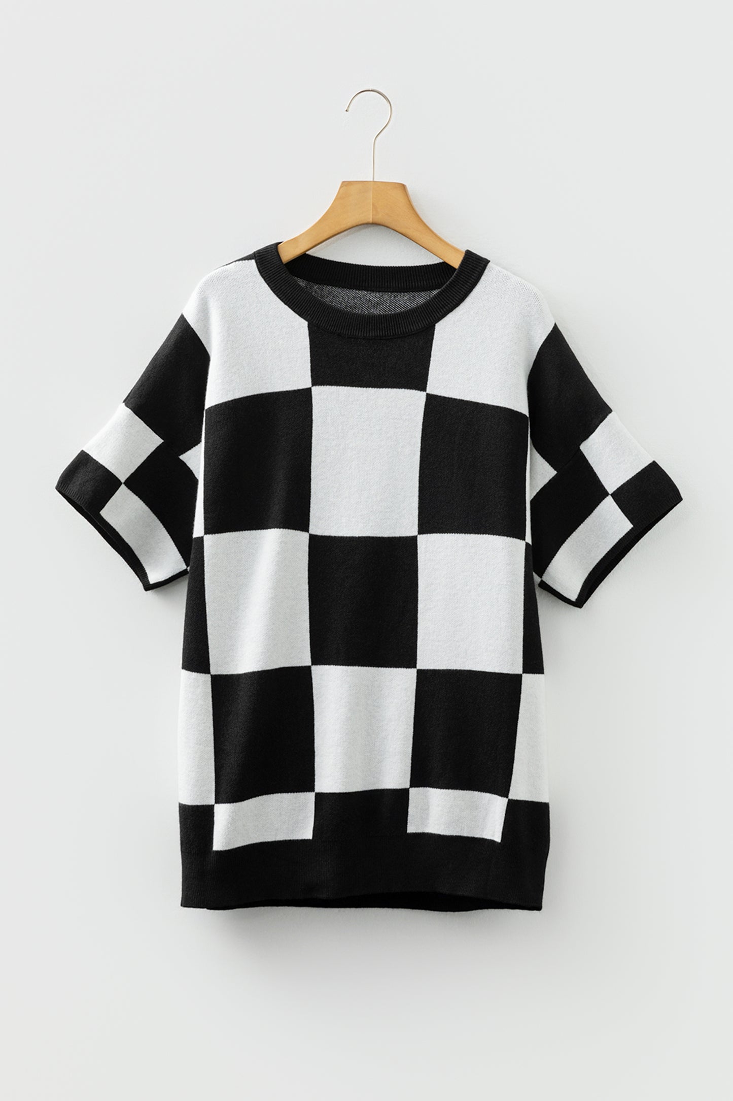 Black Checkered Pattern Loose Drop Shoulder Half Sleeve Sweater-TOPS / DRESSES-[Adult]-[Female]-2022 Online Blue Zone Planet