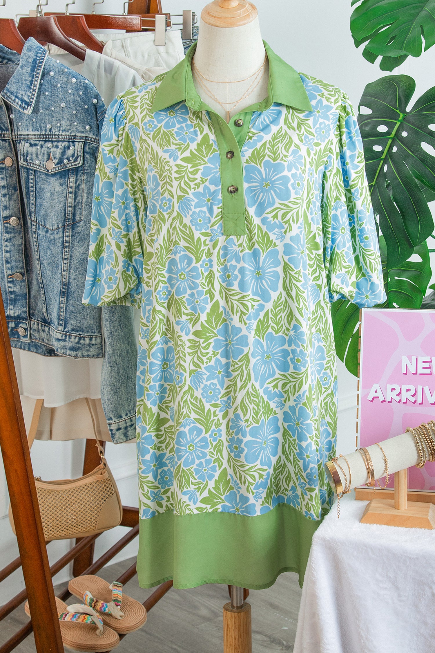 Sky Blue Floral Print Color Block Patchwork Shirt Collar Half Sleeve Mini Dress-TOPS / DRESSES-[Adult]-[Female]-2022 Online Blue Zone Planet