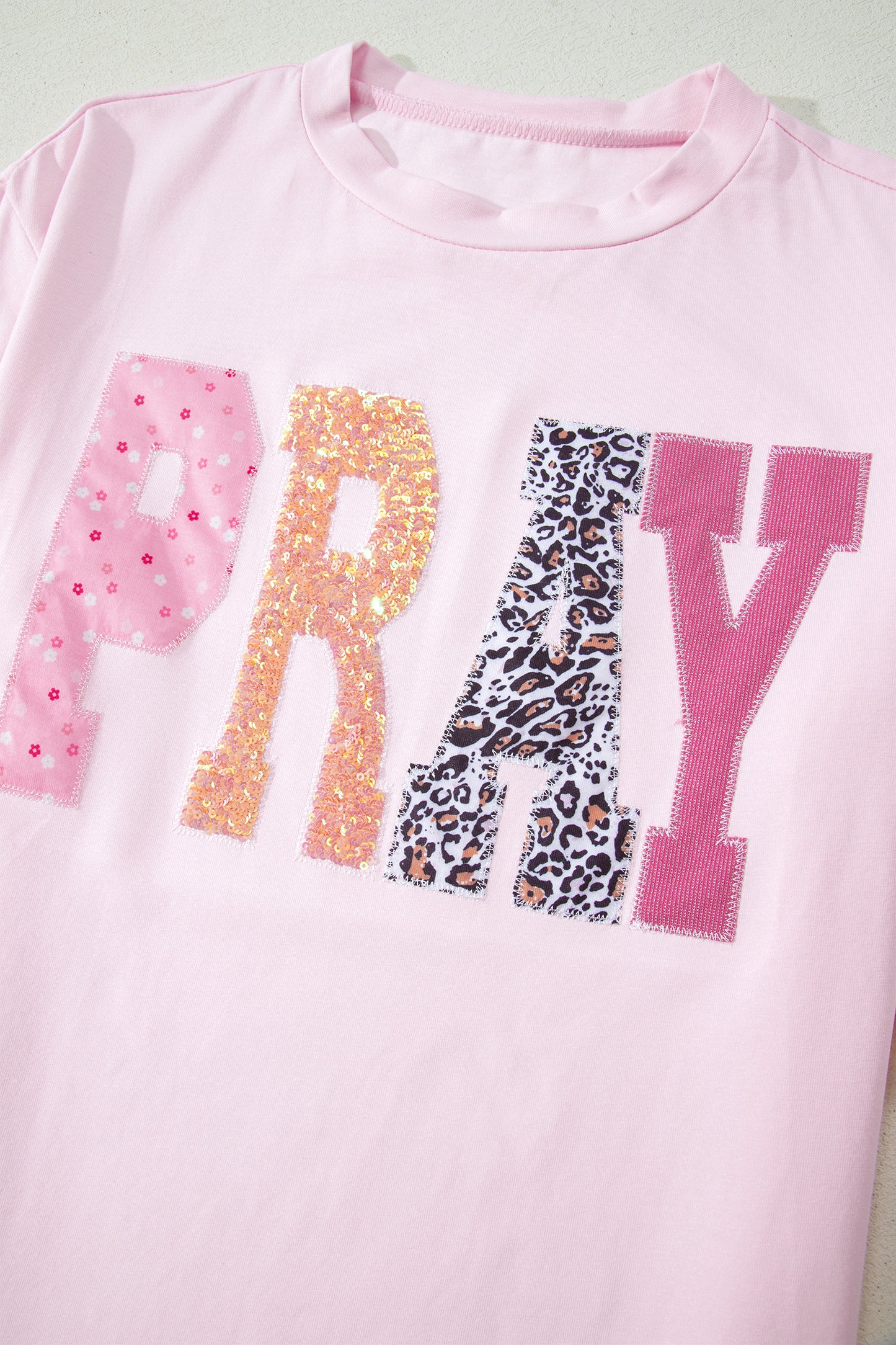 Pink Pray Sequin Leopard Multiple Patched Graphic Tee-Tops/Tops & Tees-[Adult]-[Female]-2022 Online Blue Zone Planet
