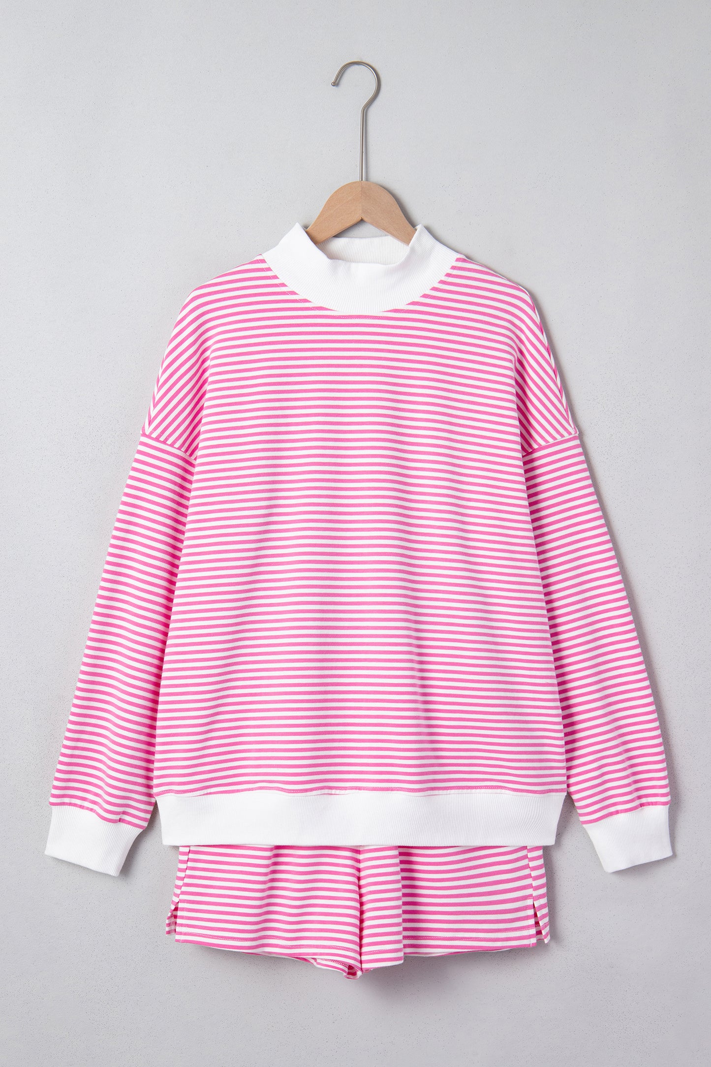 Pink Stripe Oversize Mock Neck Sweatshirt and Shorts Set-Two Piece Sets/Short Sets-[Adult]-[Female]-2022 Online Blue Zone Planet