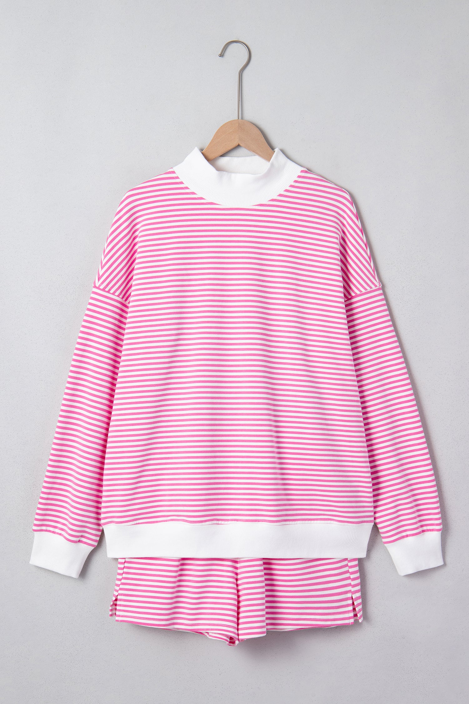 Pink Stripe Oversize Mock Neck Sweatshirt and Shorts Set-Two Piece Sets/Short Sets-[Adult]-[Female]-2022 Online Blue Zone Planet
