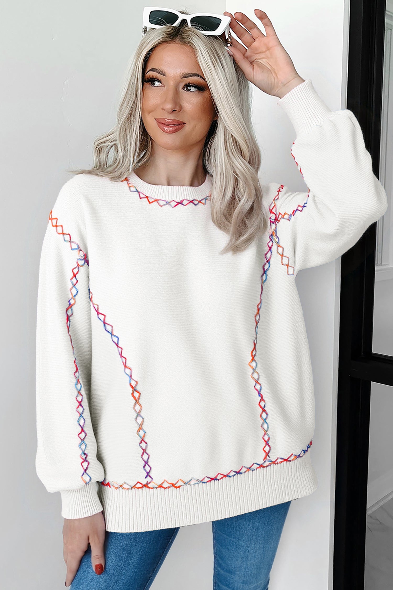 White Rainbow Stitching Balloon Sleeve Relaxed Sweater-TOPS / DRESSES-[Adult]-[Female]-2022 Online Blue Zone Planet