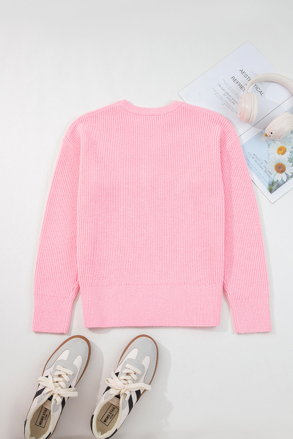 Pink Merry Candy Cane Puffy Knit Crew Neck Sweater-TOPS / DRESSES-[Adult]-[Female]-2022 Online Blue Zone Planet