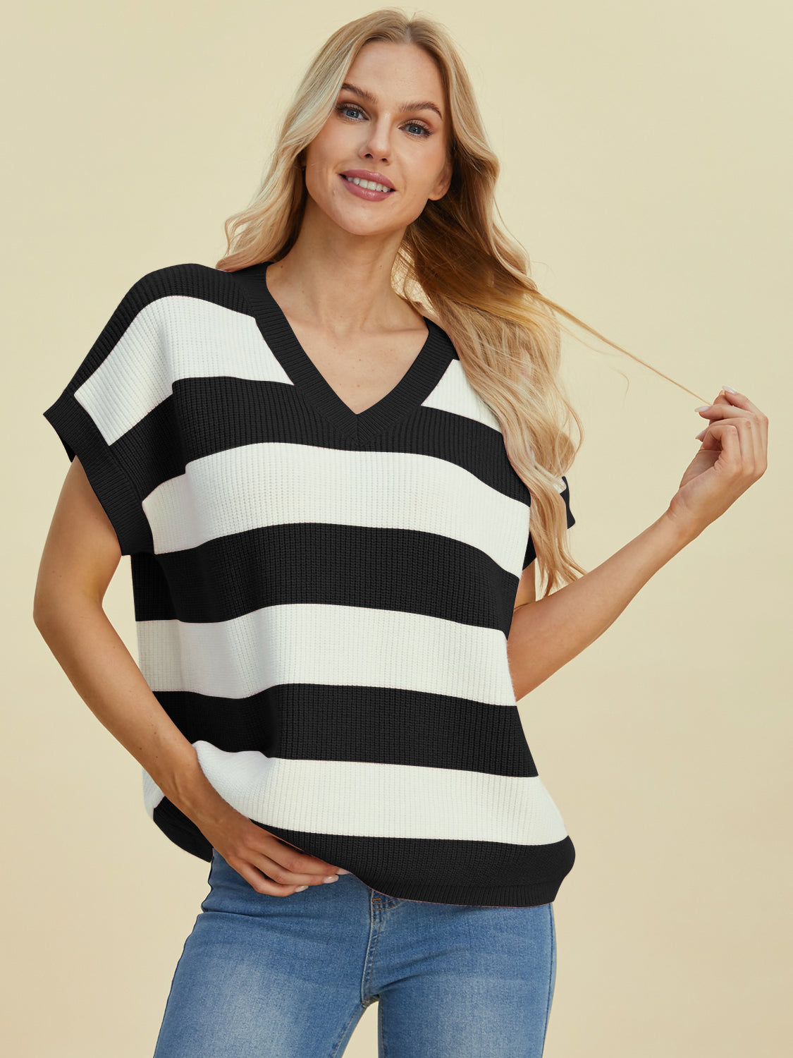 Double Take Full Size Striped V-Neck Short Sleeve Sweater-TOPS / DRESSES-[Adult]-[Female]-Black-S-2022 Online Blue Zone Planet