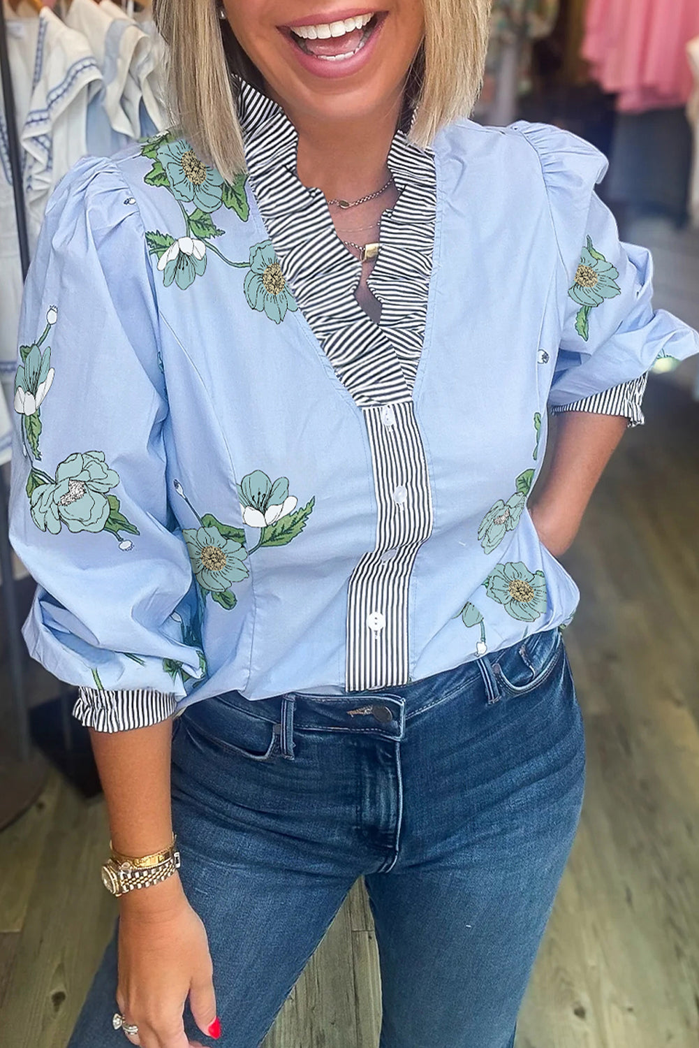 Sky Blue Floral Print Contrast Striped Trim Ruffled V Neck Fall Blouse-Tops/Blouses & Shirts-[Adult]-[Female]-Sky Blue-S-2022 Online Blue Zone Planet