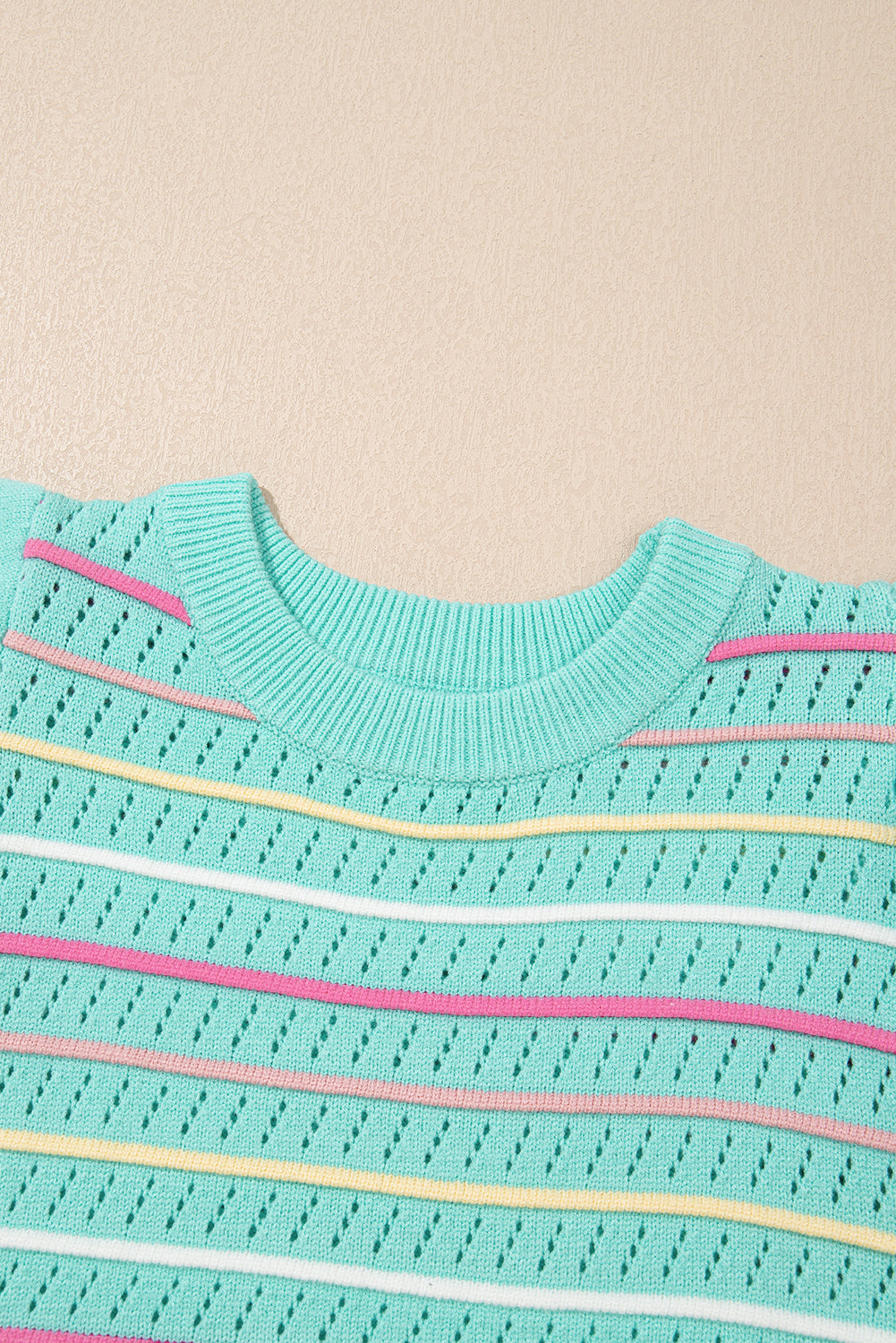 Green Colorful Striped Eyelet Knit Ruffled Sleeve Sweater T Shirt-TOPS / DRESSES-[Adult]-[Female]-2022 Online Blue Zone Planet