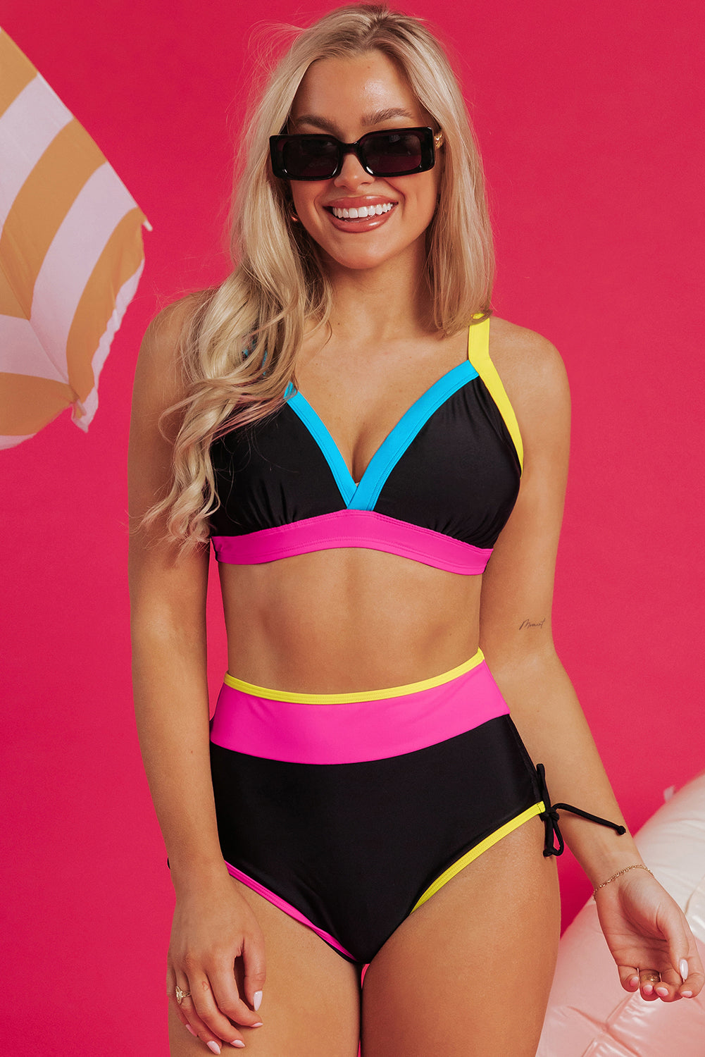 Black Color Block Drawstring Side V Neck High Waist Bikini Set-Swimwear/Bikinis-[Adult]-[Female]-Black-S-2022 Online Blue Zone Planet