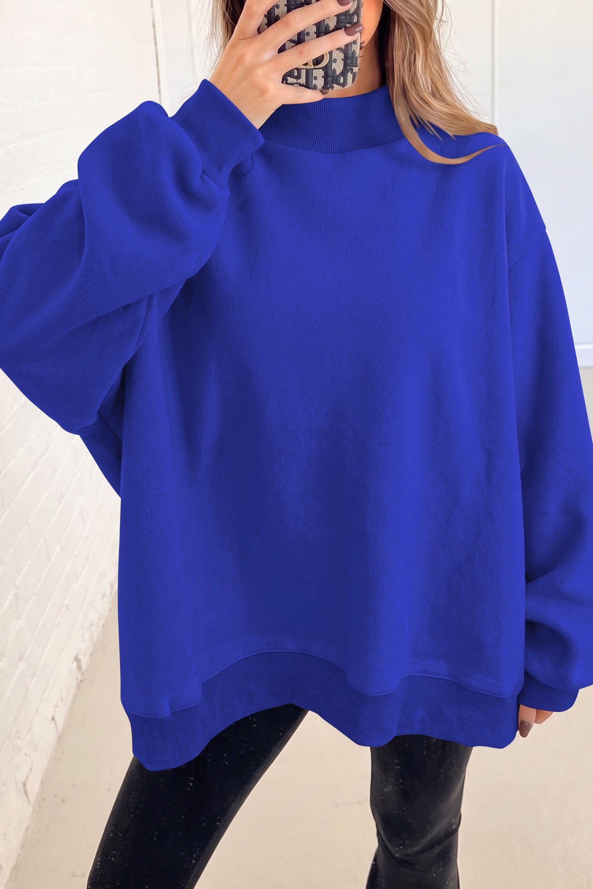 Black Oversize Drop Shoulder Reversible Mock Neck Sweatshirt-Tops/Sweatshirts & Hoodies-[Adult]-[Female]-2022 Online Blue Zone Planet
