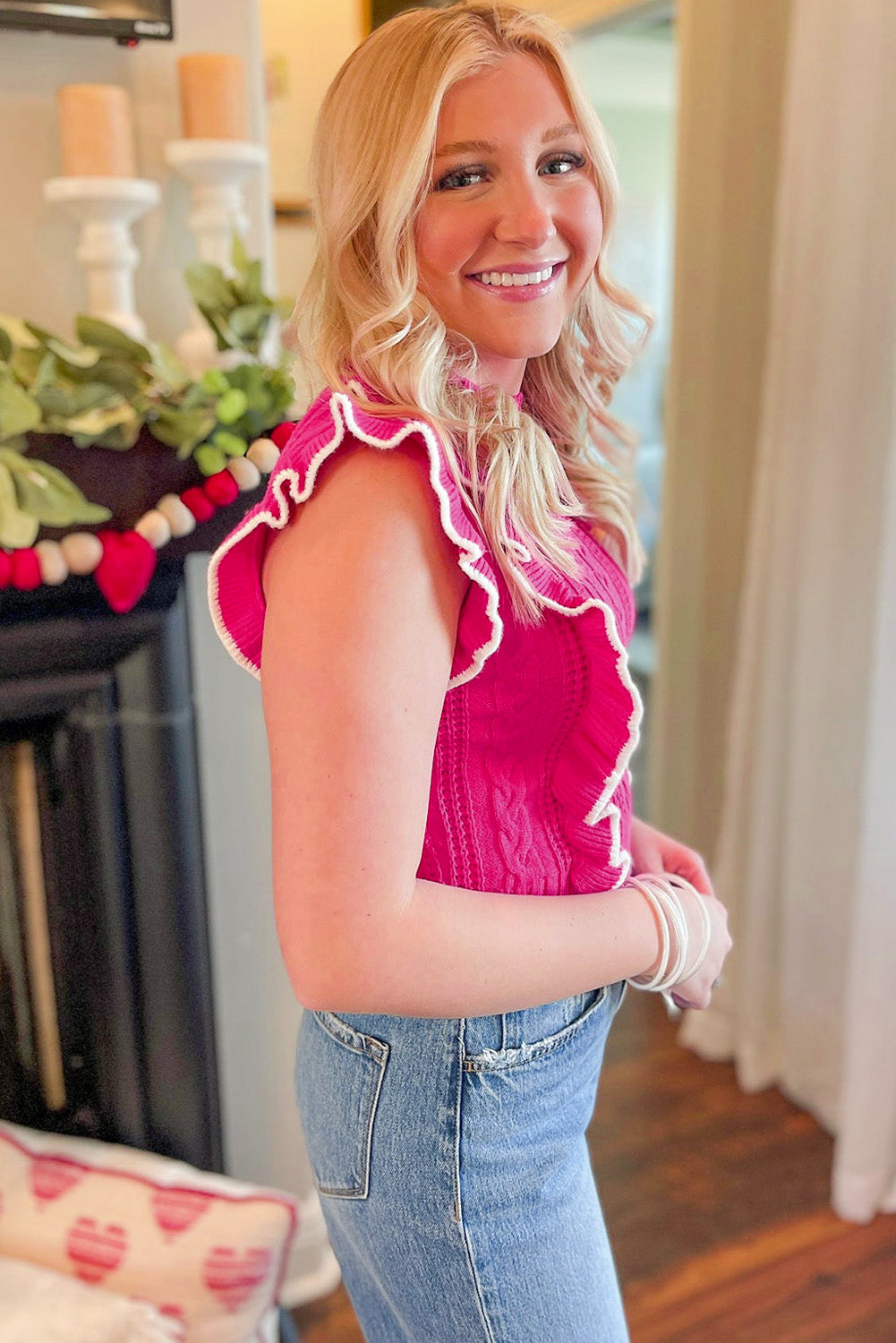 Strawberry Pink Textured Knit Ruffled Mock Neck Sweater Tank-Sweaters & Cardigans/Sweater Vests-[Adult]-[Female]-2022 Online Blue Zone Planet