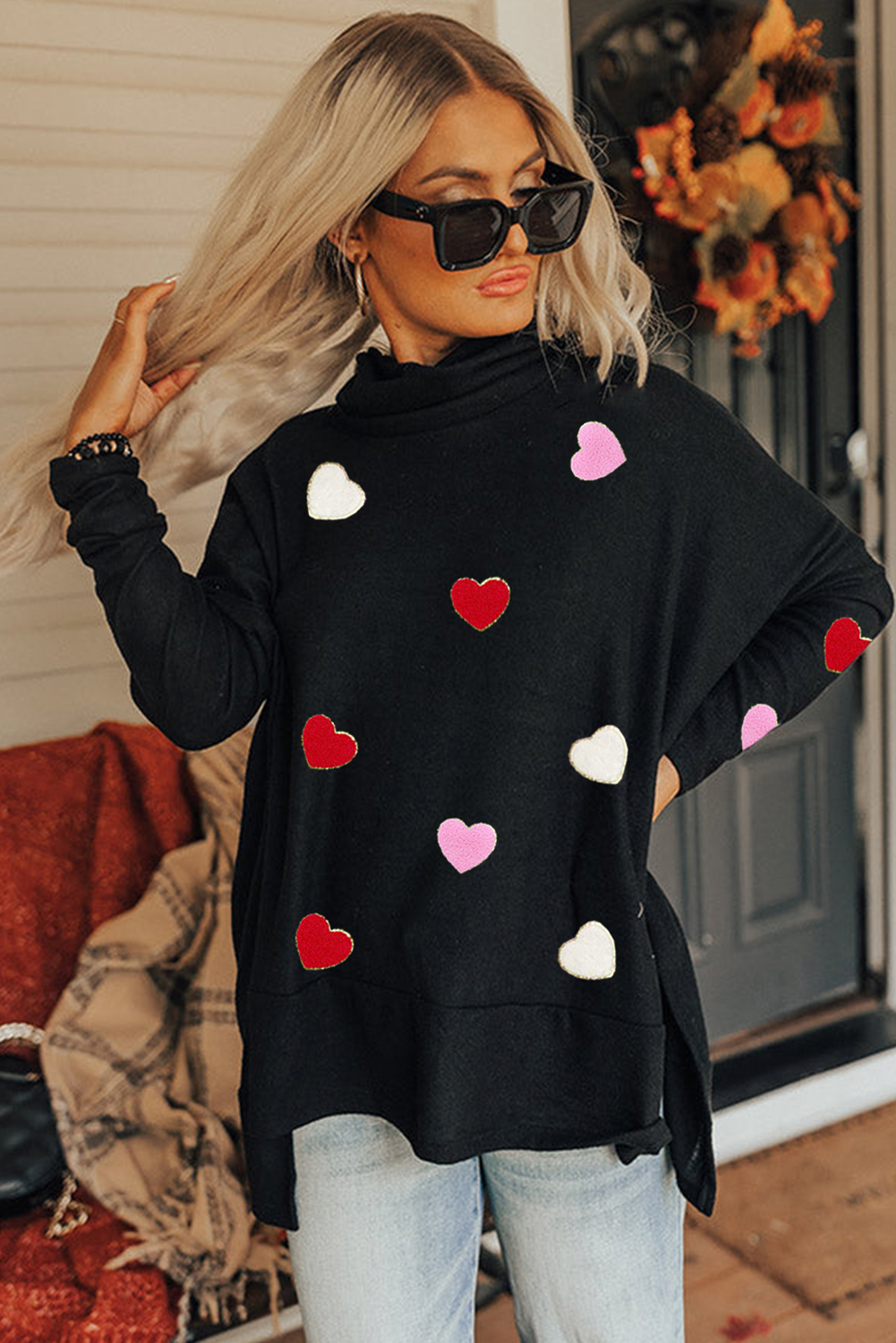 Black Valentines Chenille Heart Patched Dolman Sleeve High Neck Split Top-Graphic Apparel-[Adult]-[Female]-2022 Online Blue Zone Planet