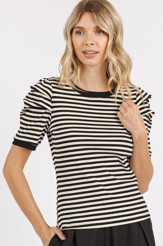 Mittoshop Striped Round Neck Puff Sleeve T-Shirt-TOPS / DRESSES-[Adult]-[Female]-2022 Online Blue Zone Planet