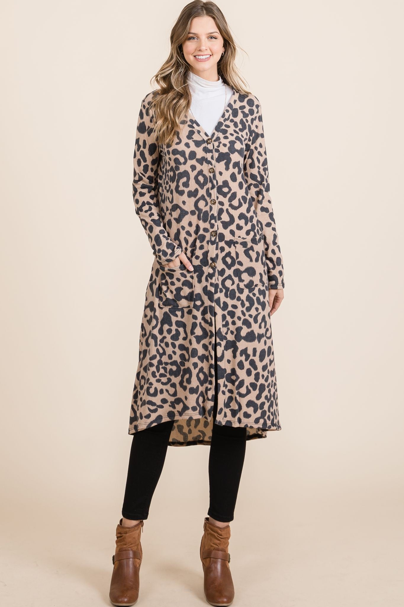 Celeste Full Size Leopard V-Neck Long Sleeve Cardigan-TOPS / DRESSES-[Adult]-[Female]-2022 Online Blue Zone Planet