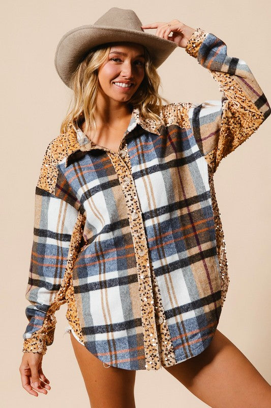 BiBi Curved Hem Sequin Plaid Button Up Shacket-TOPS / DRESSES-[Adult]-[Female]-2022 Online Blue Zone Planet