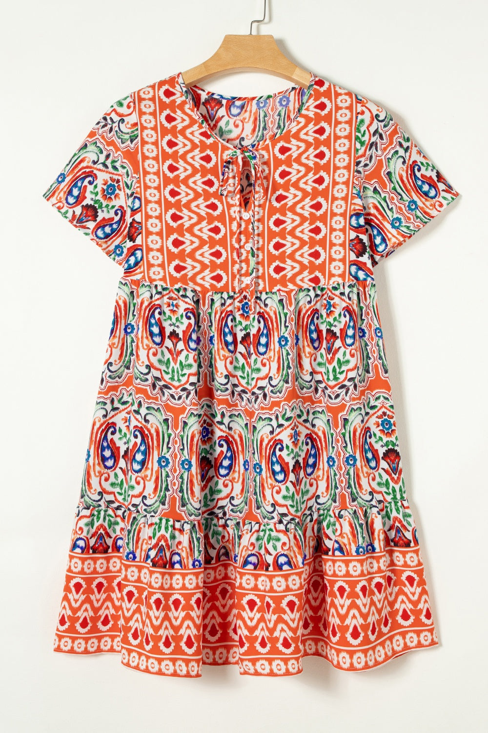 Printed Tie Neck Short Sleeve Dress-TOPS / DRESSES-[Adult]-[Female]-Caramel-S-2022 Online Blue Zone Planet