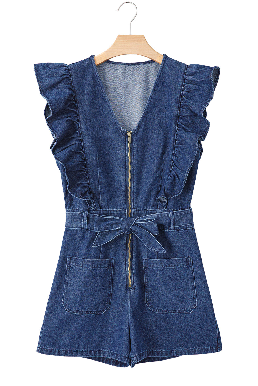 Blue Zone Planet | Sail Blue Denim Ruffled Zipped Front Belted Romper-Bottoms/Jumpsuits & Rompers-[Adult]-[Female]-2022 Online Blue Zone Planet