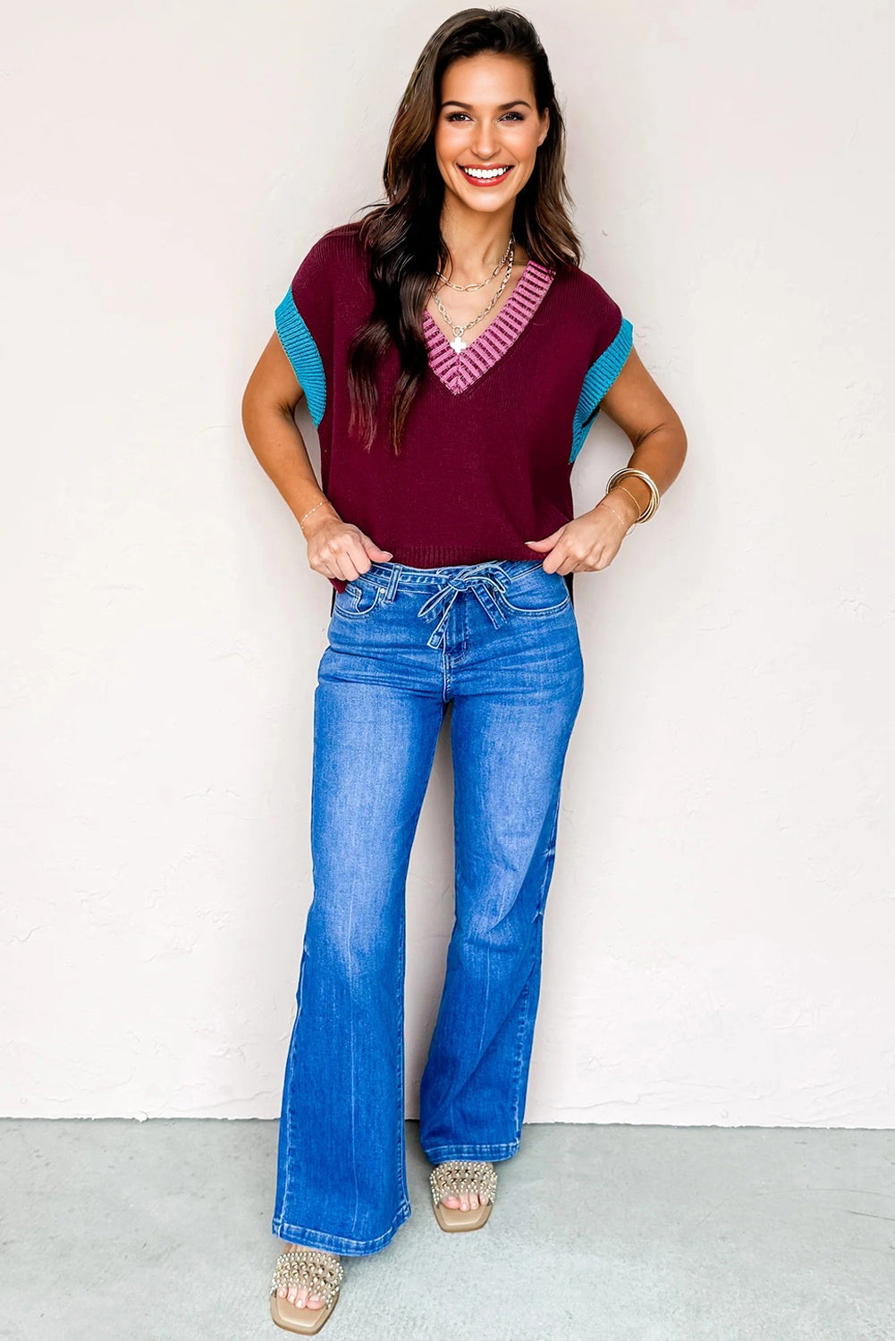Burgundy Contrast Trim V Neck Cuffed Short Sleeve Loose Sweater-TOPS / DRESSES-[Adult]-[Female]-2022 Online Blue Zone Planet