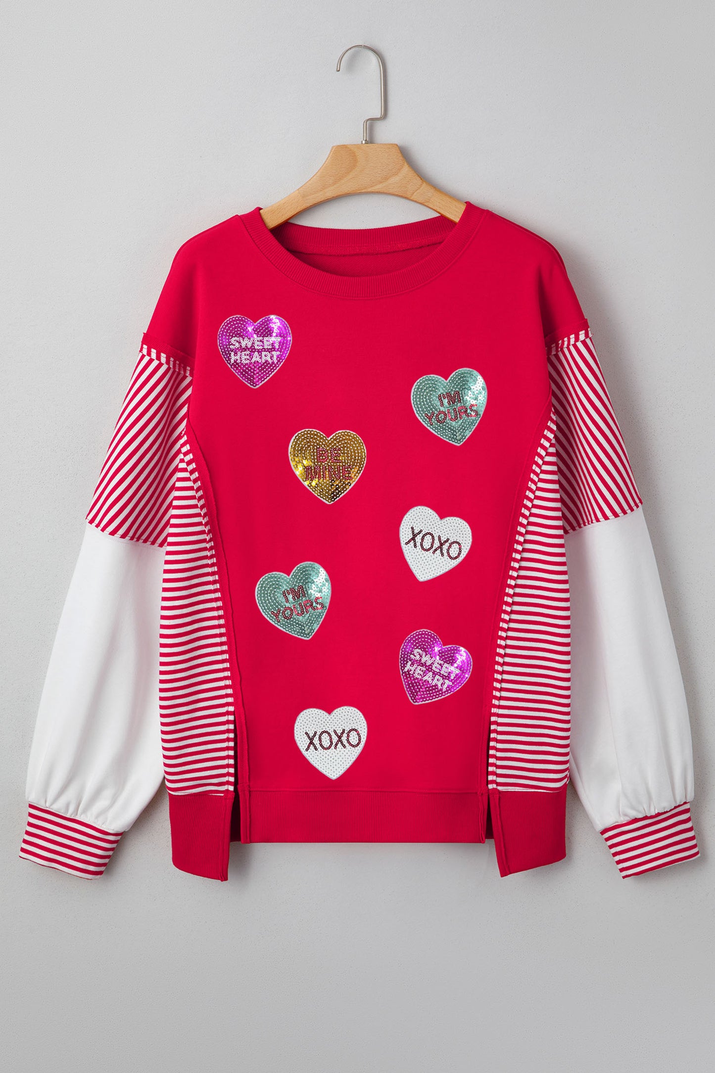 Fiery Red Valentines Day Slogan Sequin Heart Graphic Striped Color Block Patchwork Sweatshirt-Graphic Sweatshirts-[Adult]-[Female]-2022 Online Blue Zone Planet