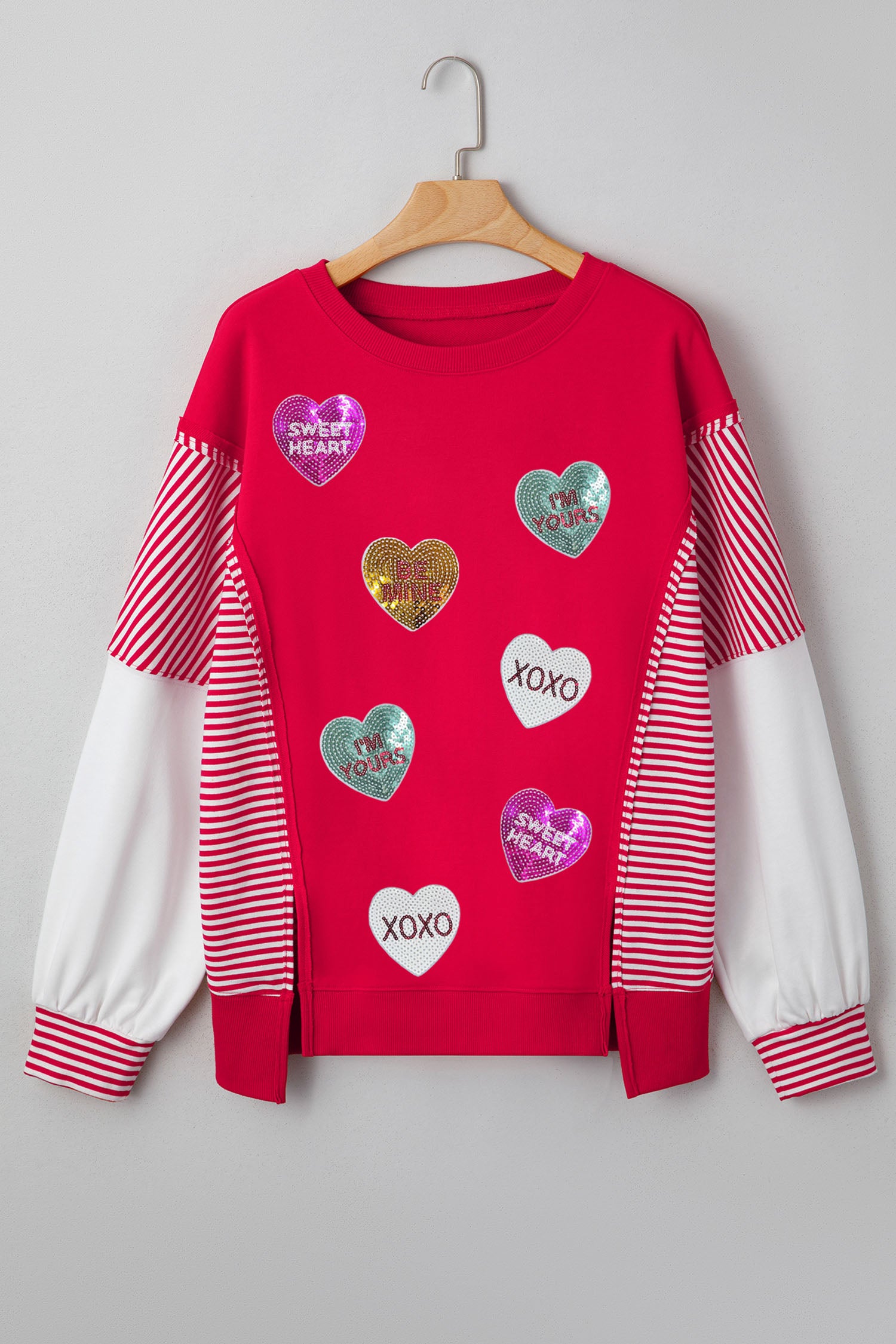 Fiery Red Valentines Day Slogan Sequin Heart Graphic Striped Color Block Patchwork Sweatshirt-Graphic Sweatshirts-[Adult]-[Female]-2022 Online Blue Zone Planet