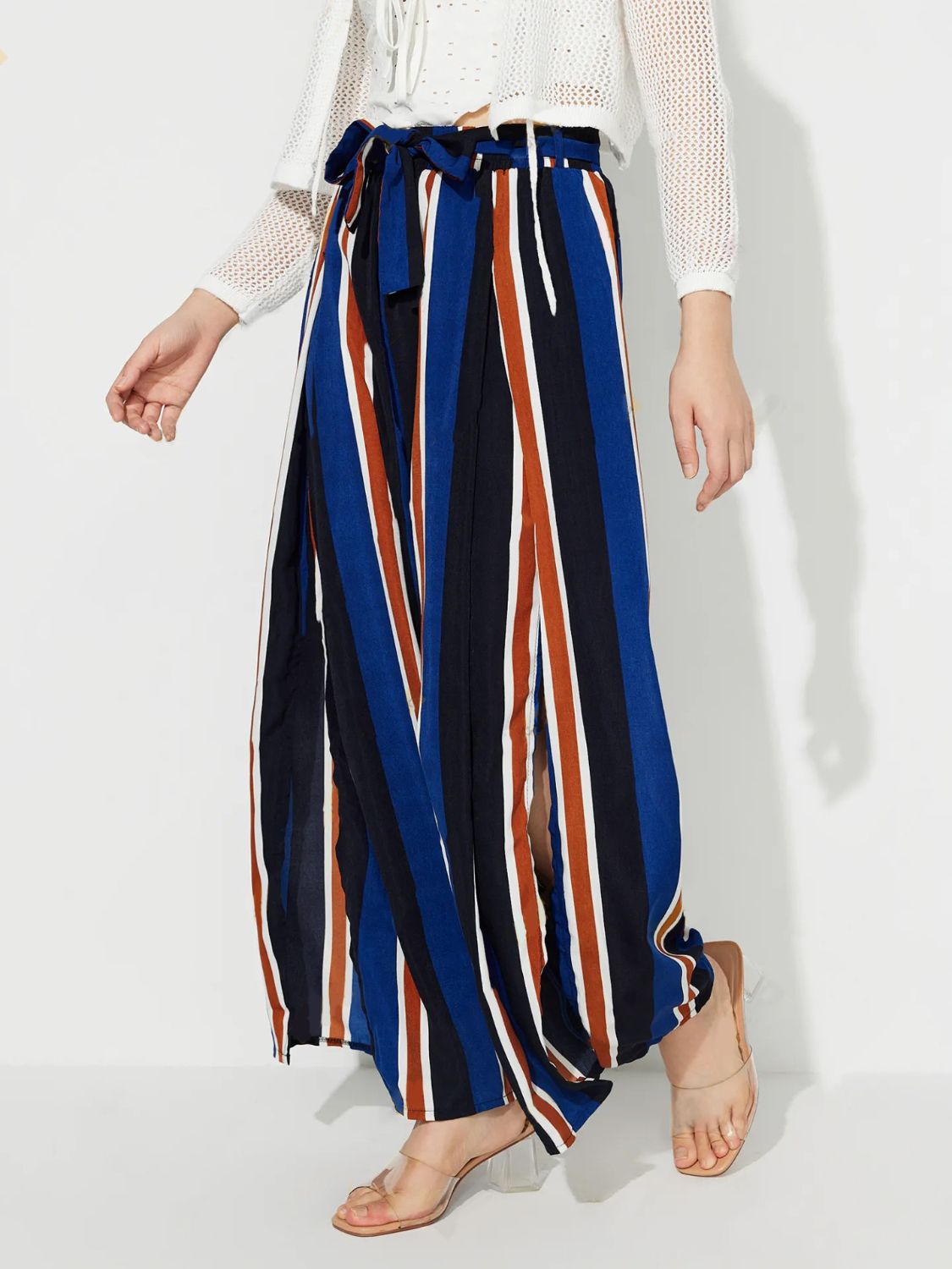 Blue Zone Planet | Side Slit Contrast Wide Leg Pants-BOTTOMS SIZES SMALL MEDIUM LARGE-[Adult]-[Female]-Stripe-S-2022 Online Blue Zone Planet