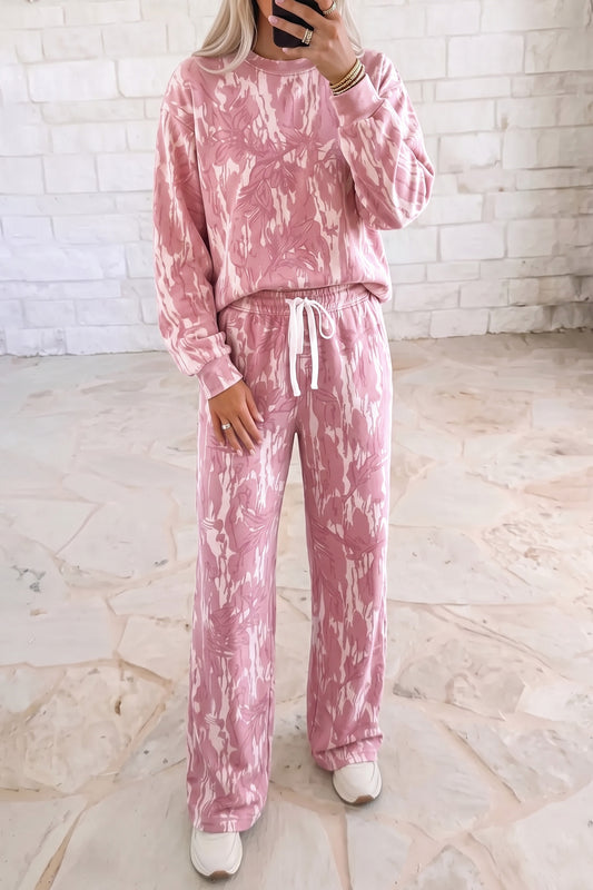 Pink Abstract Floral Print Loose Pullover Drawstring Pants 2pcs Set-Two Piece Sets/Pant Sets-[Adult]-[Female]-Pink-S-2022 Online Blue Zone Planet