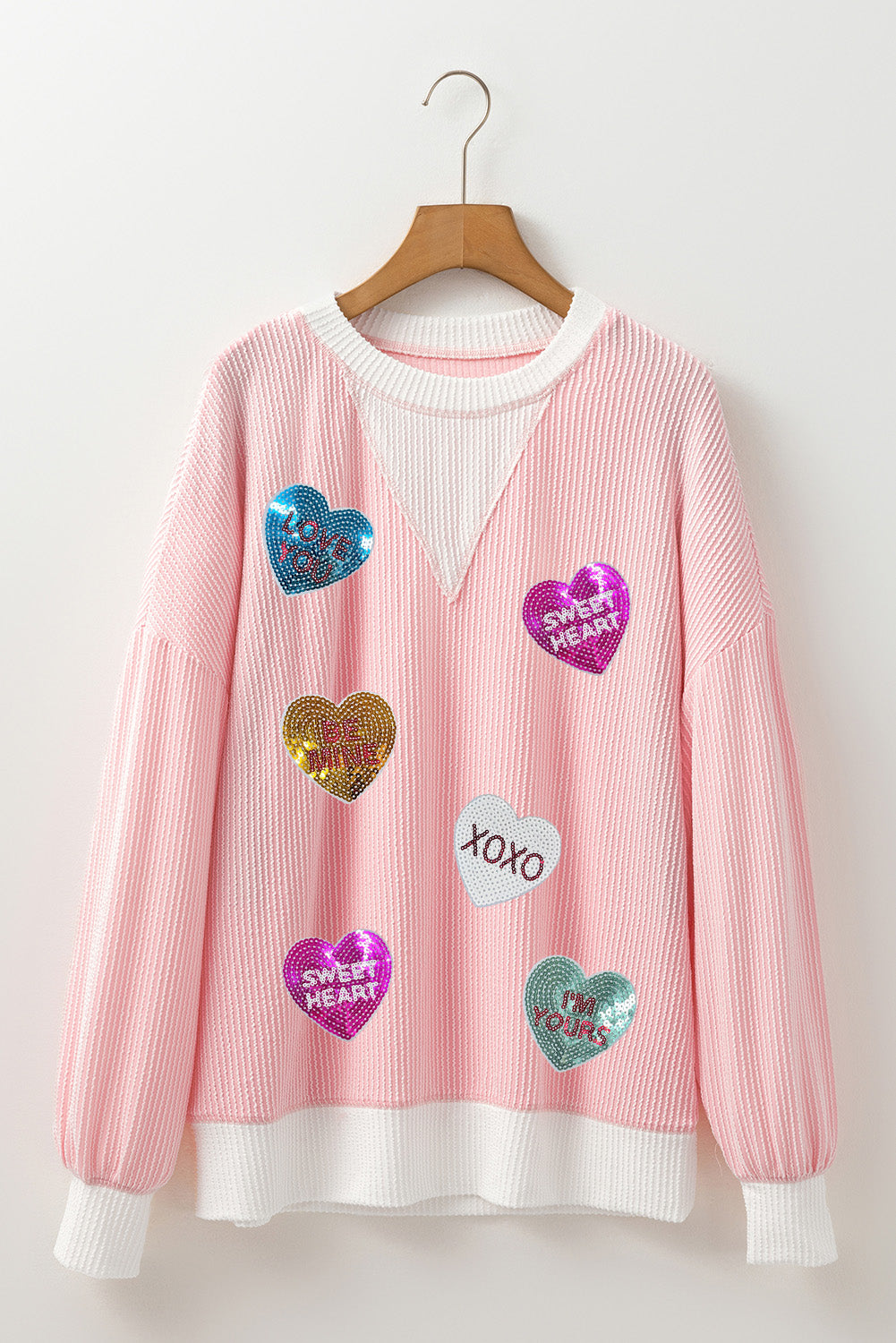 Valentine’s Day Sequin Heart Long Sleeve Sweatshirt-TOPS / DRESSES-[Adult]-[Female]-2022 Online Blue Zone Planet