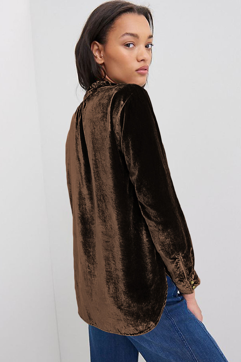 Burgundy Frilled Neck Buttoned Front Velvet Top-Tops/Blouses & Shirts-[Adult]-[Female]-2022 Online Blue Zone Planet