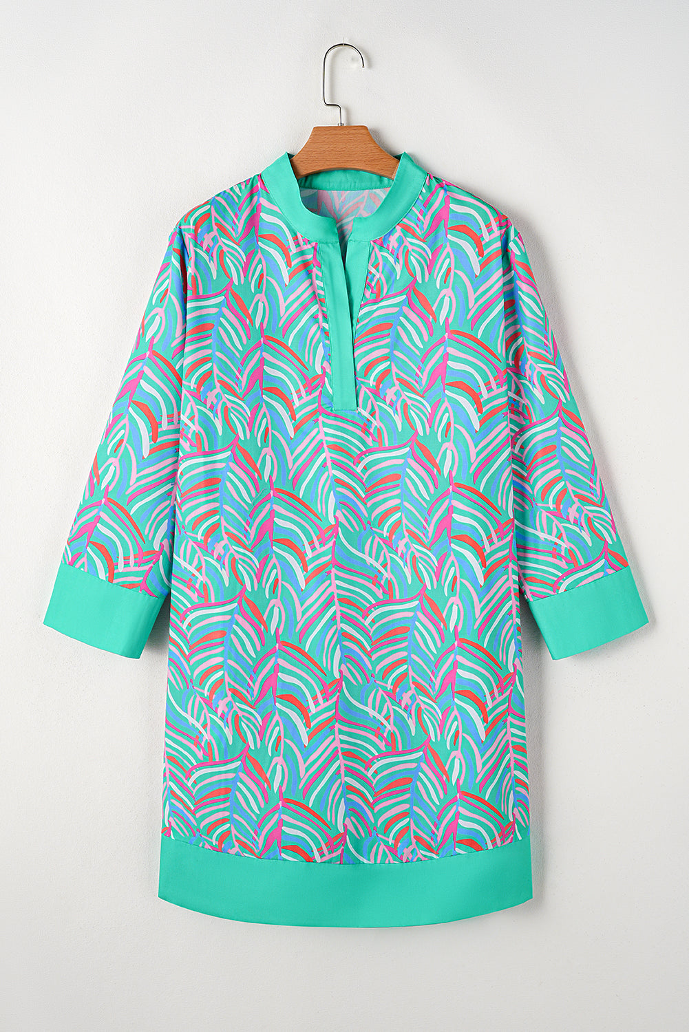 Blue Zone Planet | Green Plus Size Palm Pattern Long Sleeve Shift Dress-TOPS / DRESSES-[Adult]-[Female]-2022 Online Blue Zone Planet