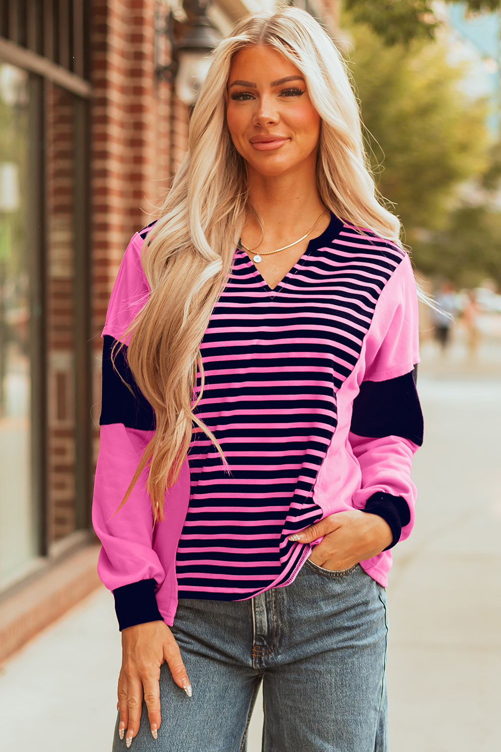 Pink Stripe Color Block V Neck Loose Fit Long Sleeve Top-Tops/Long Sleeve Tops-[Adult]-[Female]-2022 Online Blue Zone Planet