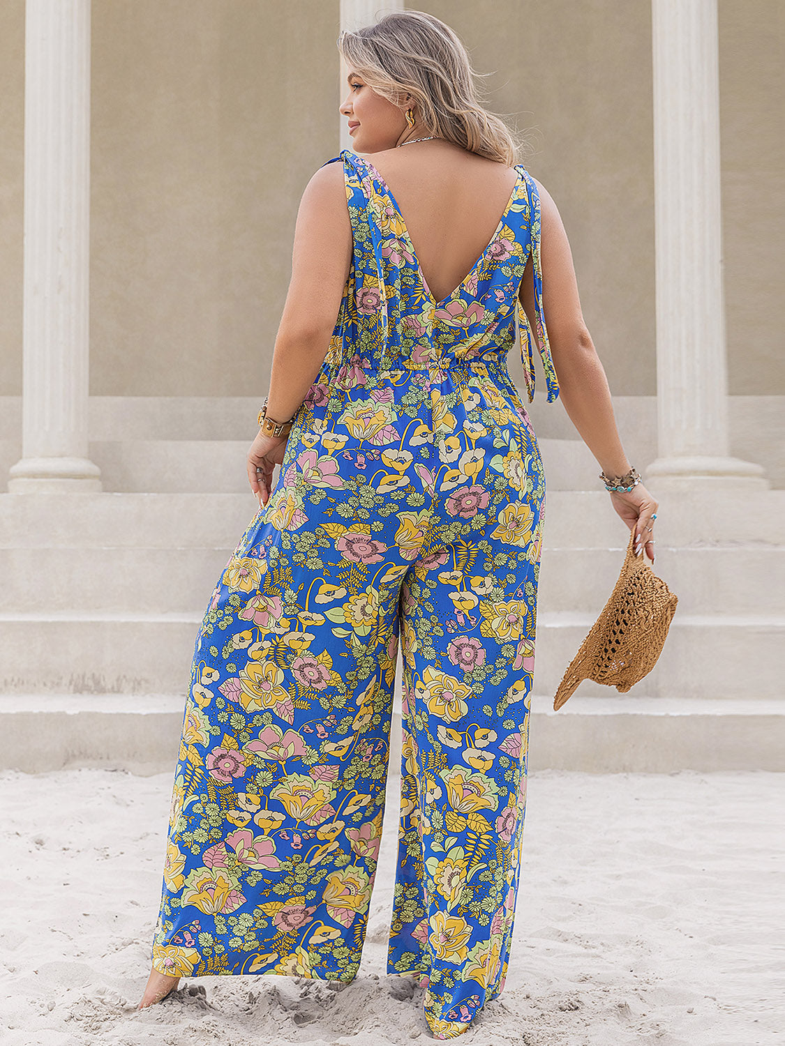 Plus Size Printed V-Neck Wide Leg Jumpsuit-TOPS / DRESSES-[Adult]-[Female]-2022 Online Blue Zone Planet