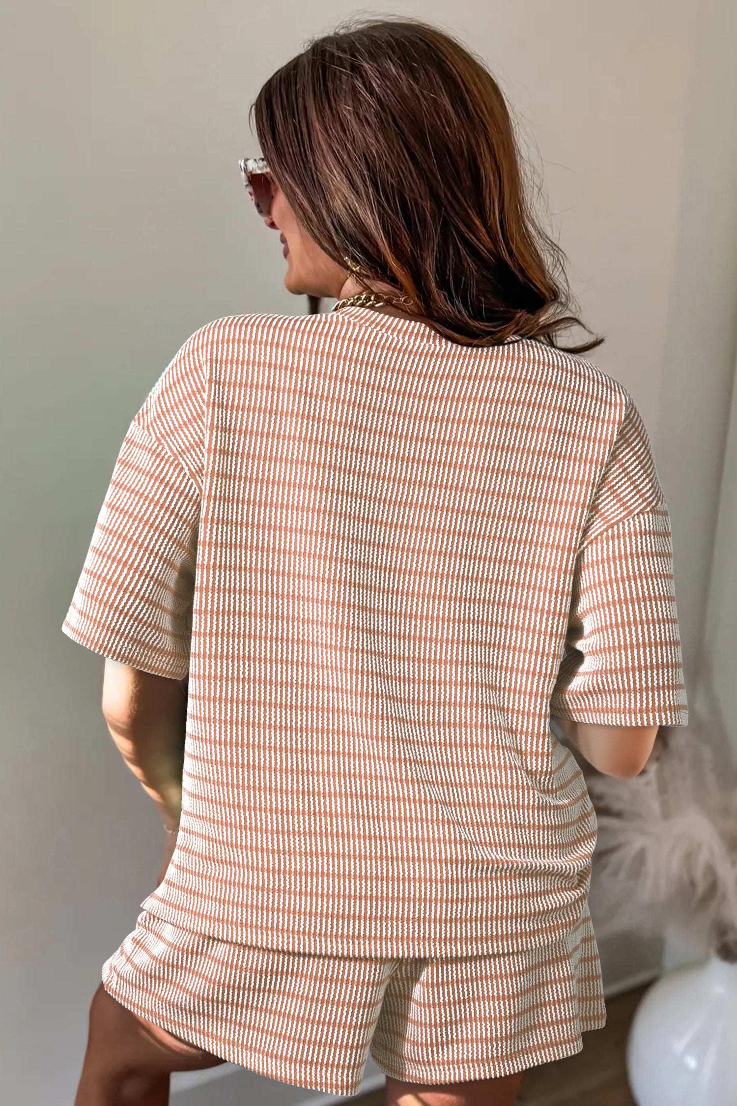 Rose Stripe Raised Rib Loose Tee Drawstring Elastic Waist 2pcs Short Set-Two Piece Sets/Short Sets-[Adult]-[Female]-2022 Online Blue Zone Planet