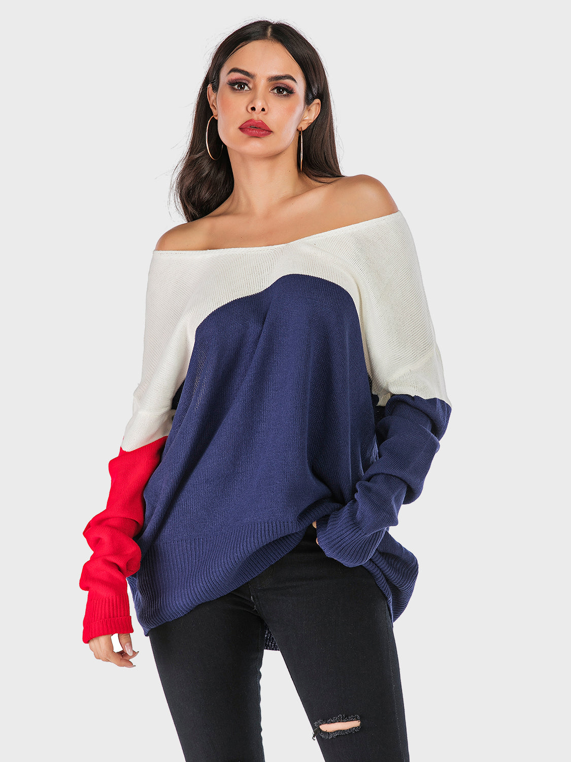 Perfee Contrast V-Neck Long Sleeve Knit Top-NEW ARRIVALS-[Adult]-[Female]-Dark Blue-S-2022 Online Blue Zone Planet