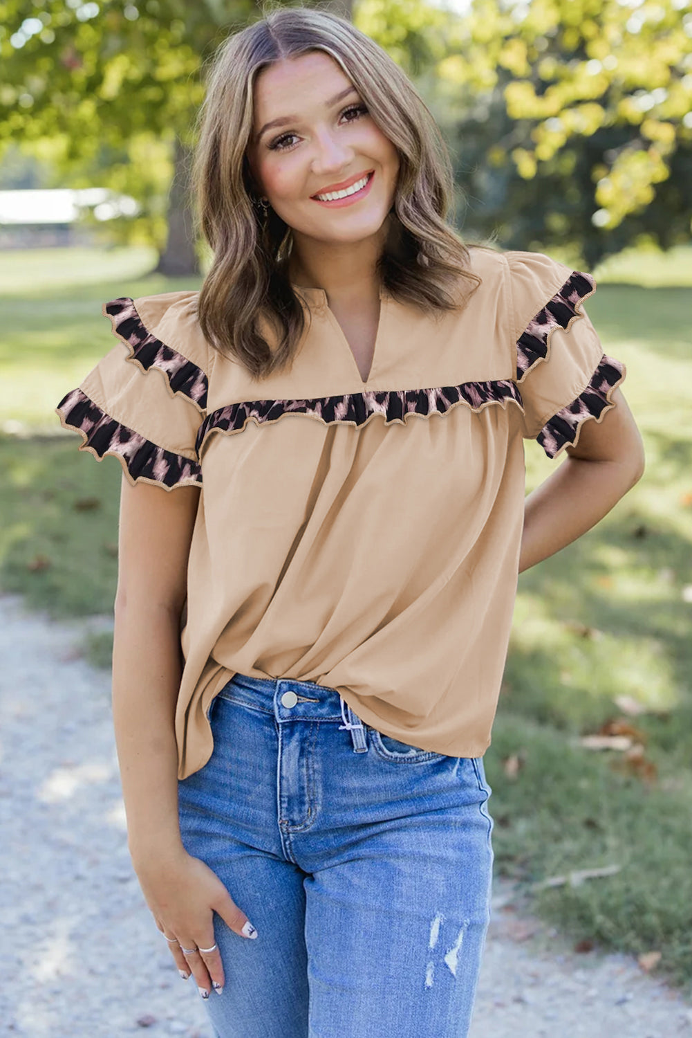Smoke Gray Leopard Ruffles Trim Tiered Short Sleeve Blouse-Tops/Blouses & Shirts-[Adult]-[Female]-2022 Online Blue Zone Planet
