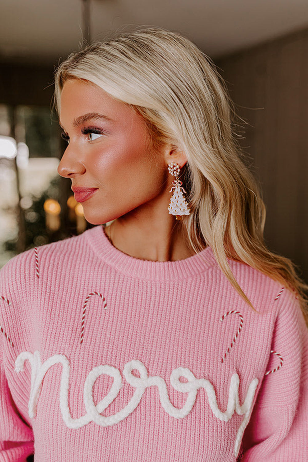 Pink Merry Candy Cane Puffy Knit Crew Neck Sweater-TOPS / DRESSES-[Adult]-[Female]-2022 Online Blue Zone Planet