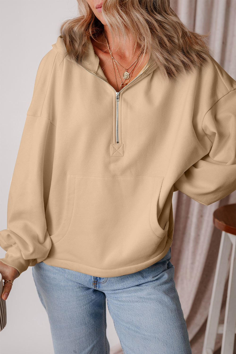 Pocketed Half Zip Dropped Shoulder Hoodie-HOODIES-[Adult]-[Female]-Tan-S-2022 Online Blue Zone Planet