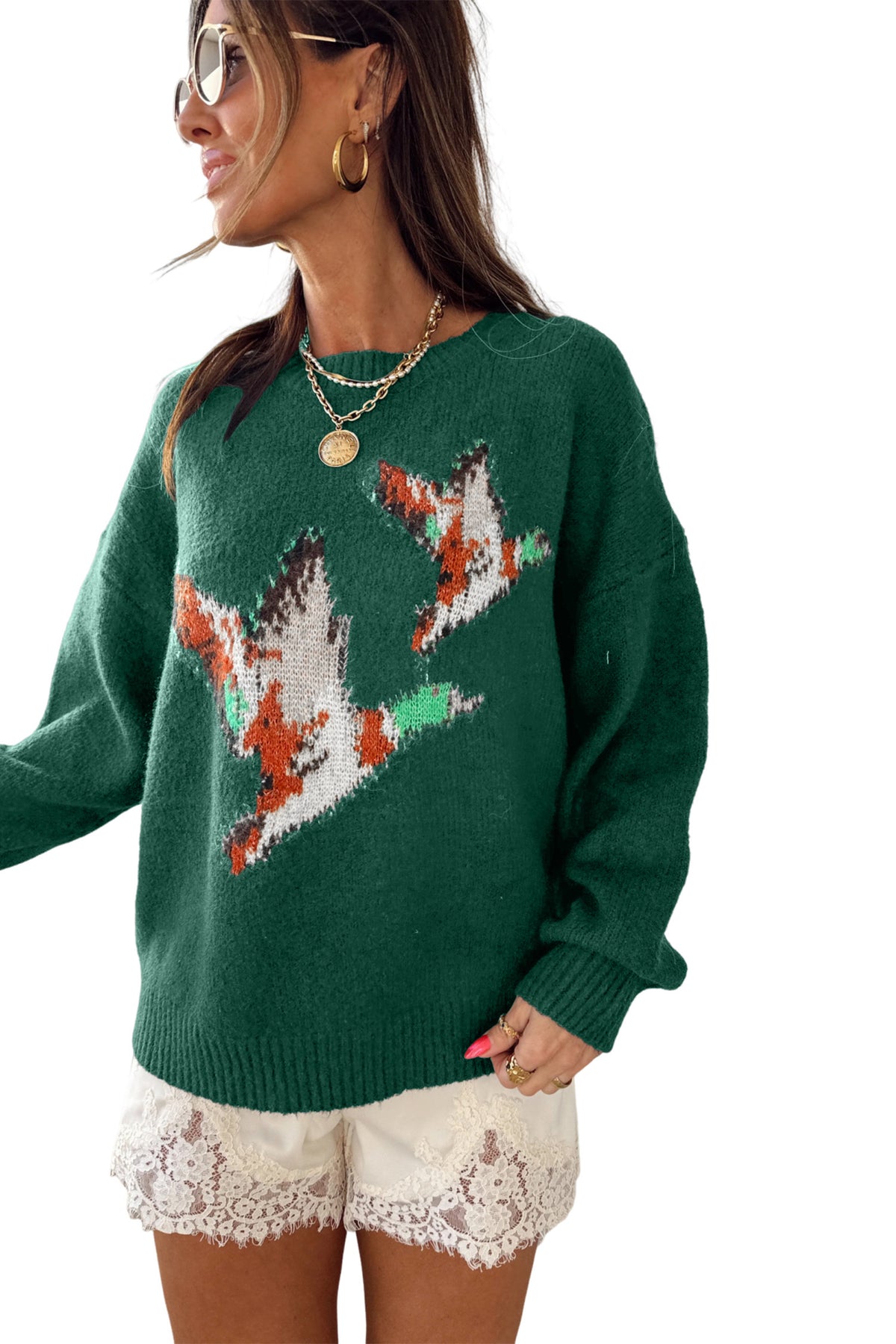 Green Wild Mallard Drop Shoulder Round Neck Long Sleeve Pullover Sweater-Sweaters & Cardigans/Sweaters-[Adult]-[Female]-2022 Online Blue Zone Planet
