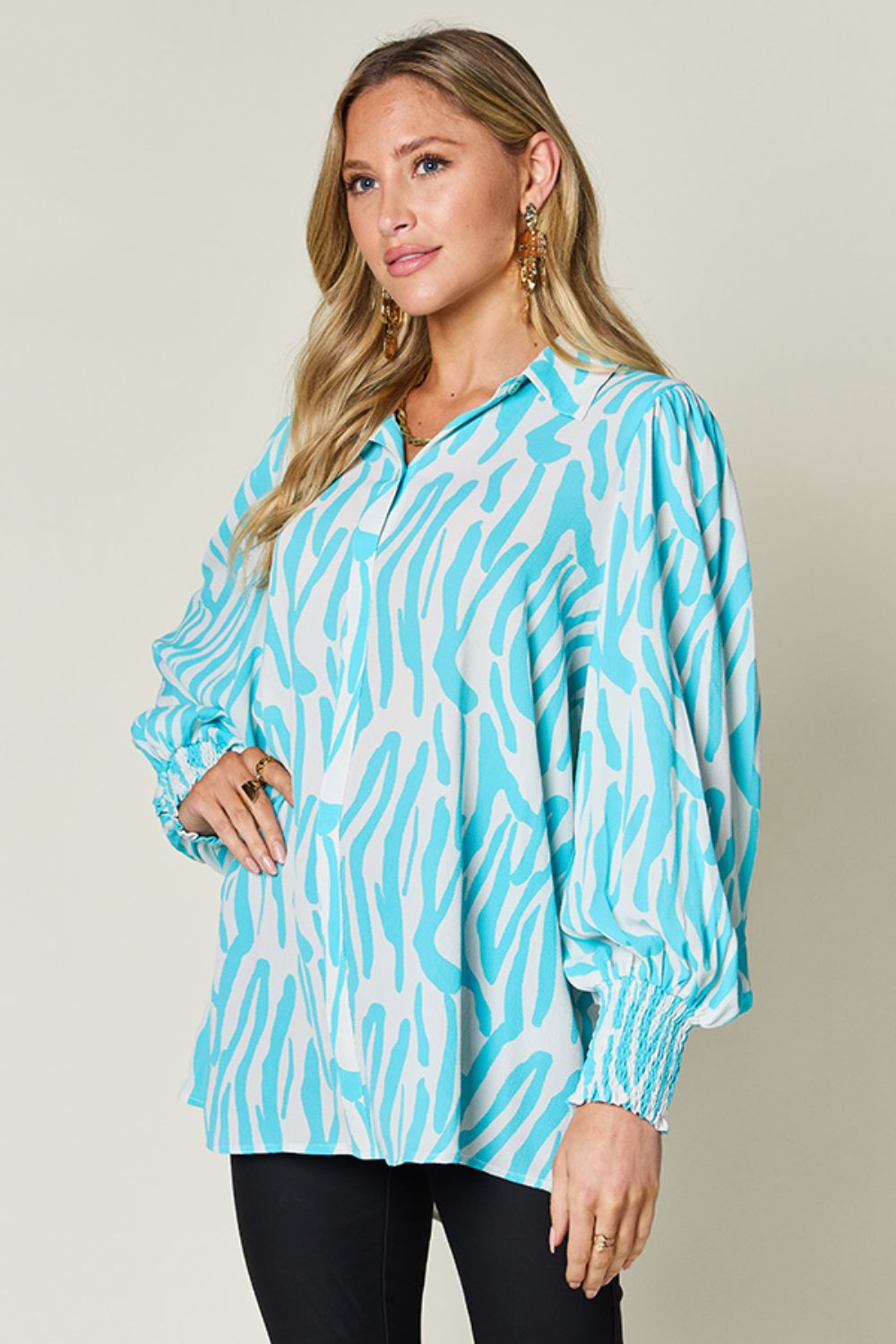 Blue Zone Planet | Double Take Full Size Printed Smocked Long Sleeve Blouse-TOPS / DRESSES-[Adult]-[Female]-2022 Online Blue Zone Planet